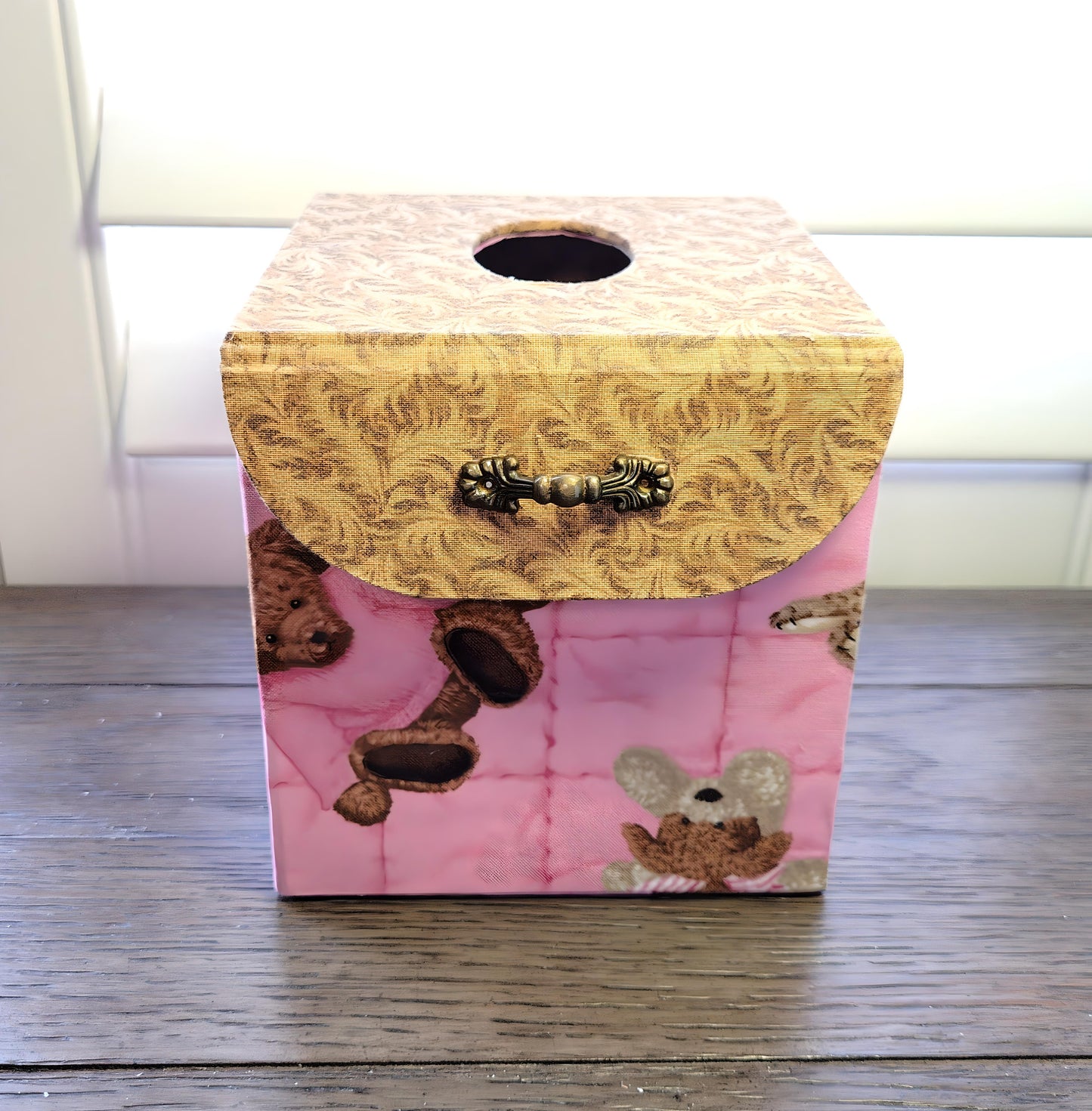 Fabric Covered Tissue Box Holder, Kid's Bedroom Decor, Pink and Brown Teddy Bears - Chic Brico