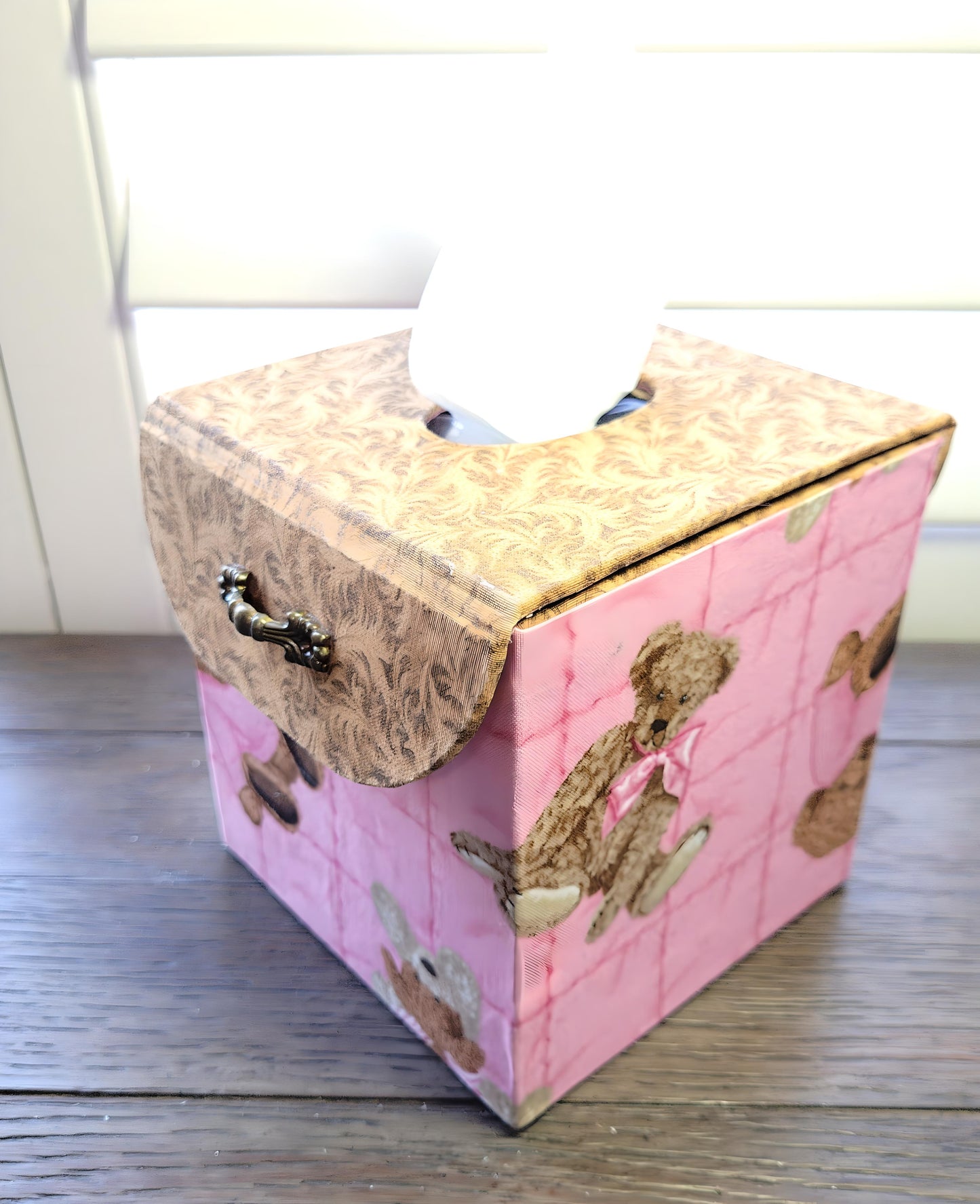 Fabric Covered Tissue Box Holder, Kid's Bedroom Decor, Pink and Brown Teddy Bears - Chic Brico