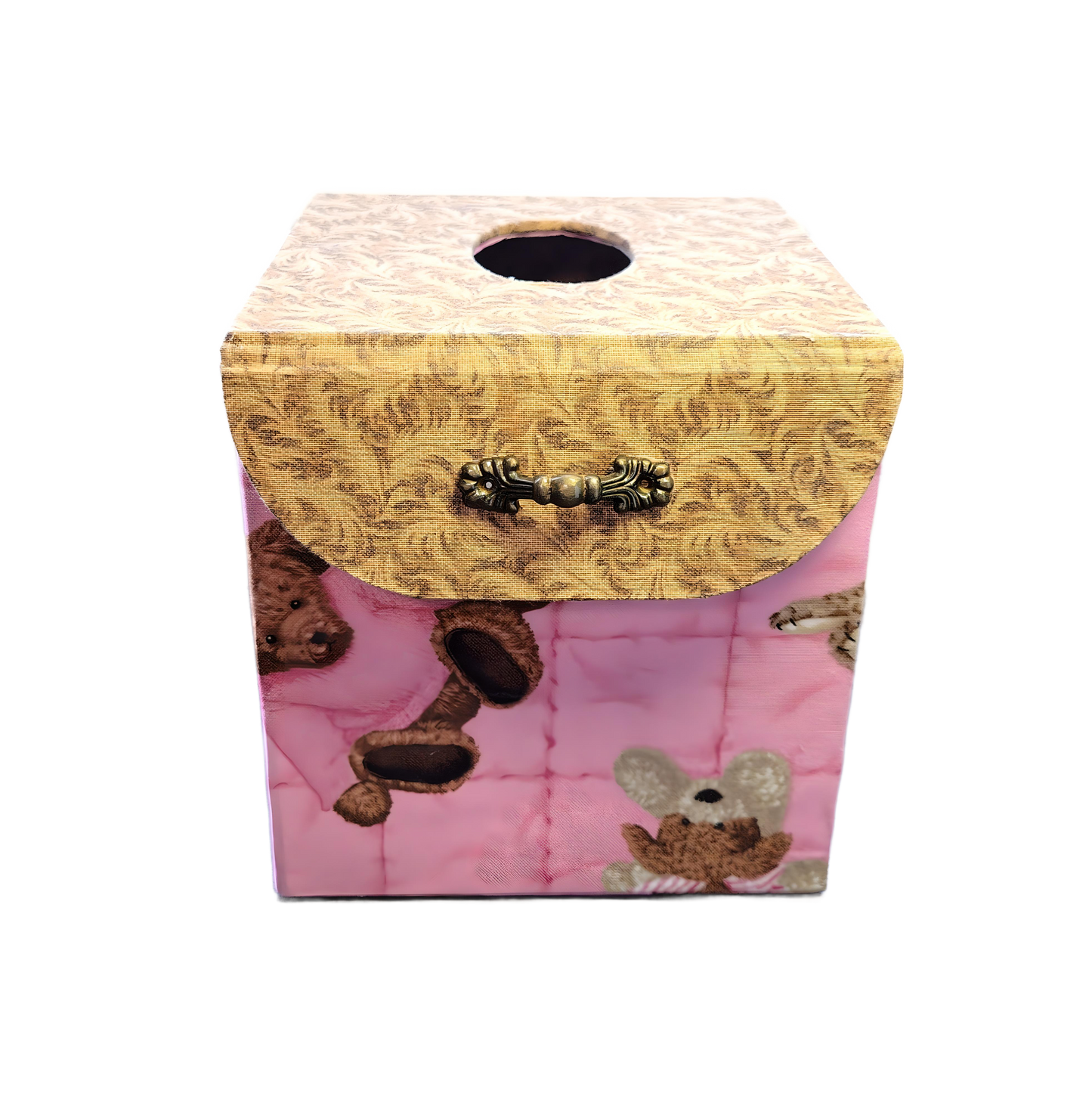 Fabric Covered Tissue Box Holder, Kid's Bedroom Decor, Pink and Brown Teddy Bears - Chic Brico