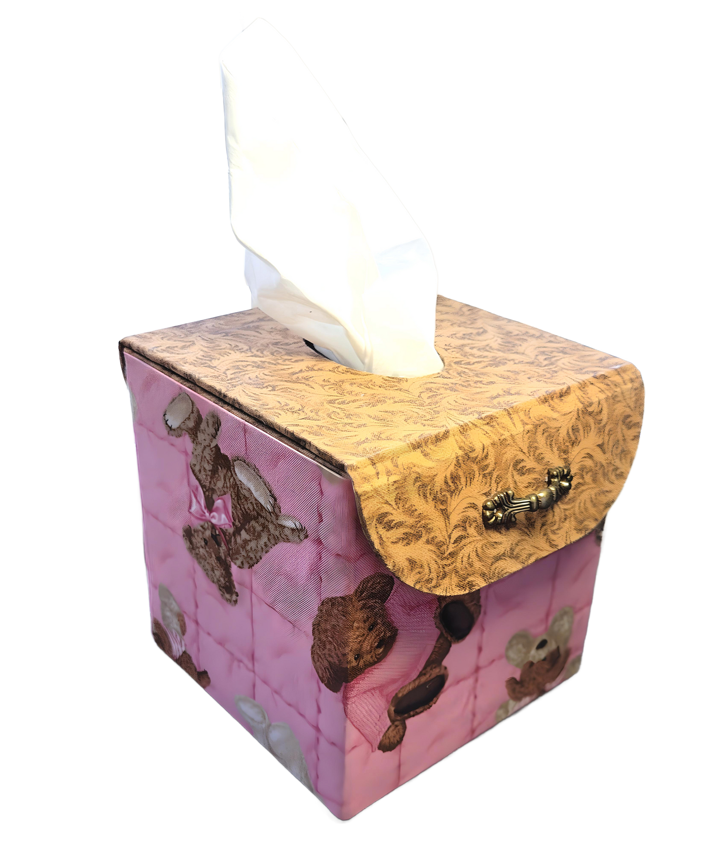 Fabric Covered Tissue Box Holder, Kid's Bedroom Decor, Pink and Brown Teddy Bears - Chic Brico