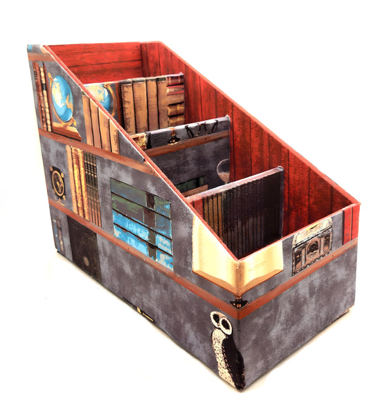 Fabric-Covered Divided Storage Tiered Organizer Box for Desktop or Tabletop, Vintage Victorian Library - Chic Brico