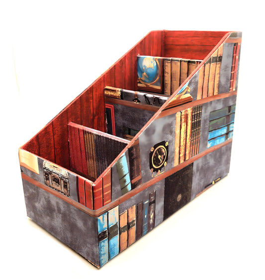 Fabric-Covered Divided Storage Tiered Organizer Box for Desktop or Tabletop, Vintage Victorian Library - Chic Brico