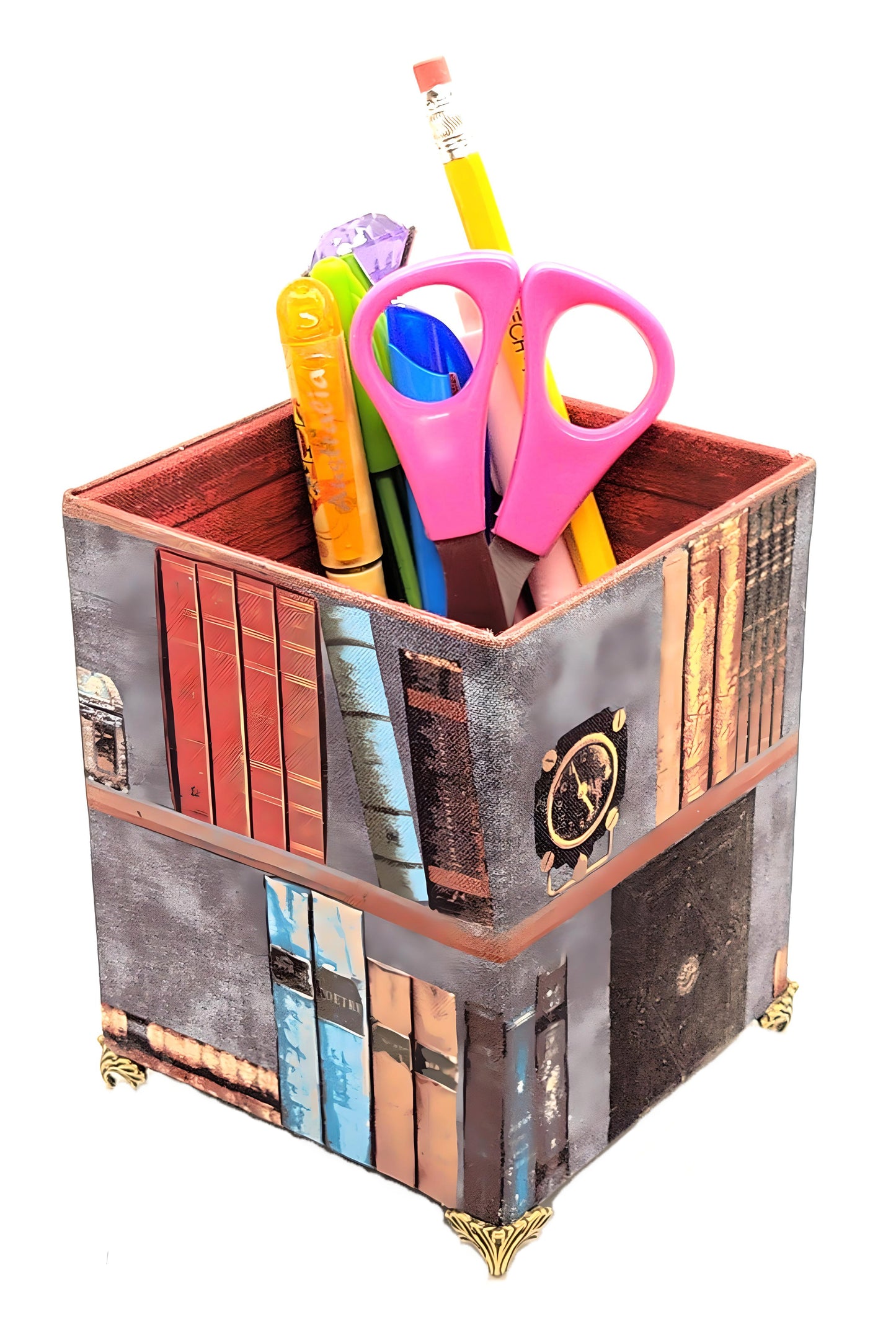 Fabric-Covered Pen Pencil Cosmetics Brushes Holder, Desktop Organizer, Vintage Victorian Library - Chic Brico