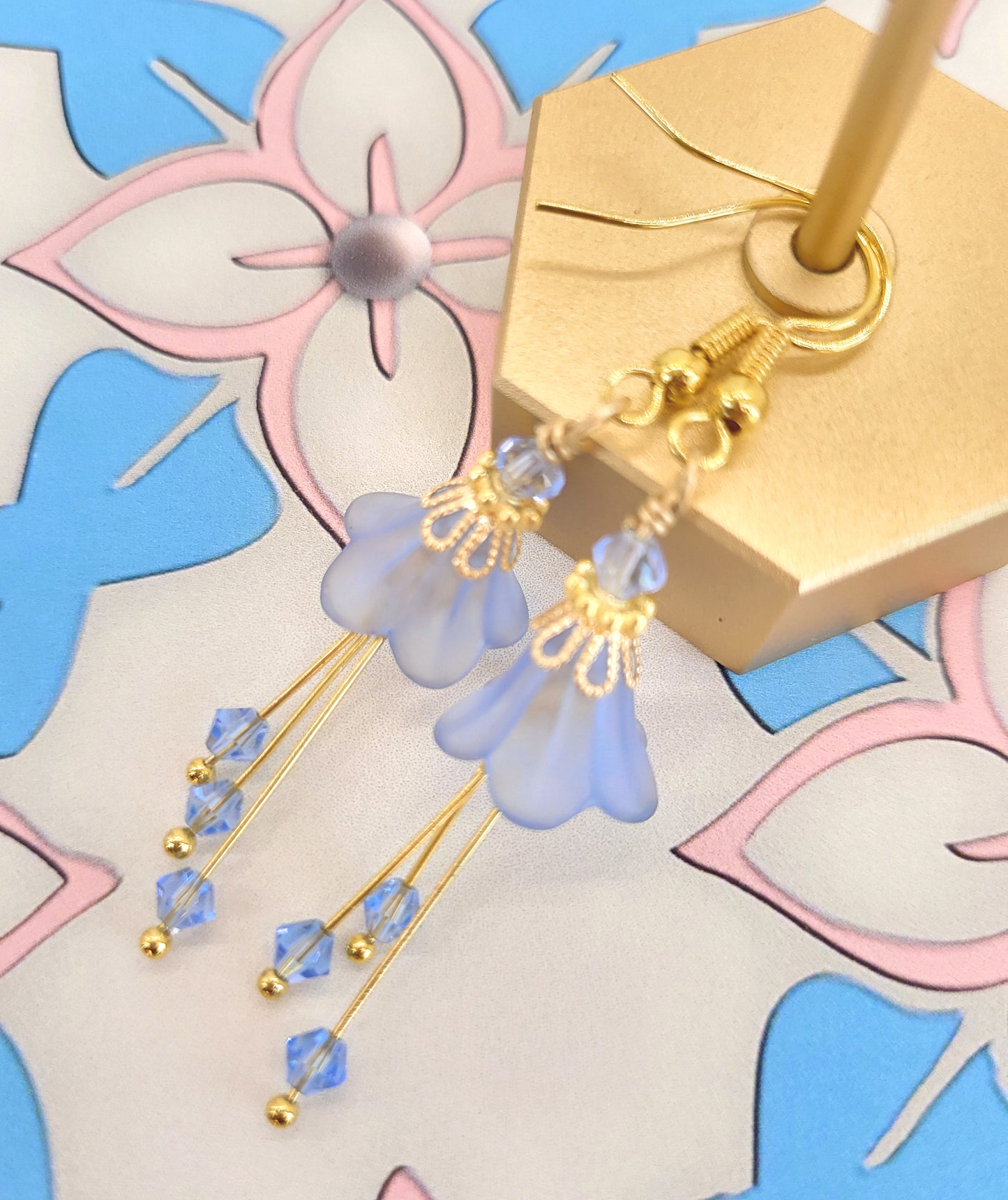 Light Sapphire Powder Blue and Gold Bell Flower Earrings - Chic Brico
