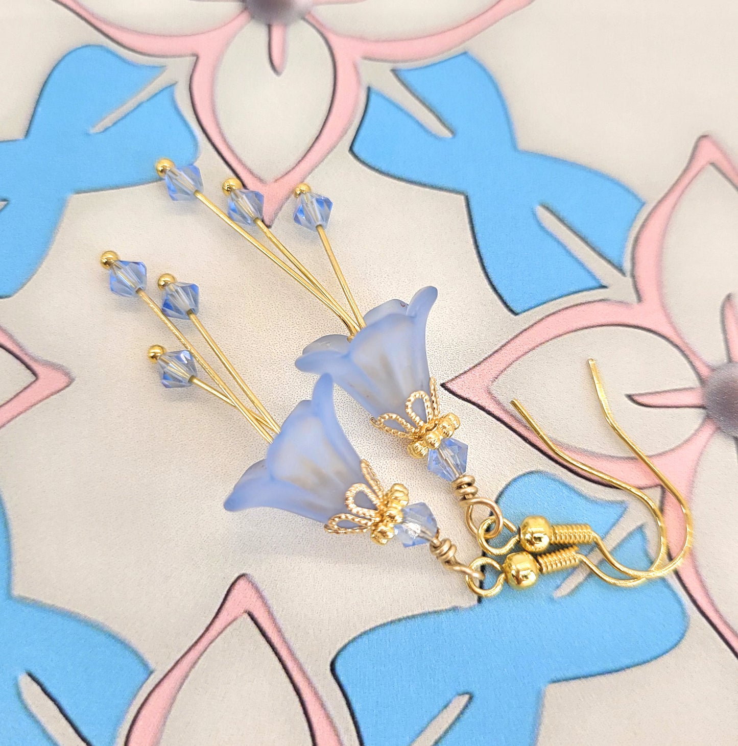 Light Sapphire Powder Blue and Gold Bell Flower Earrings - Chic Brico