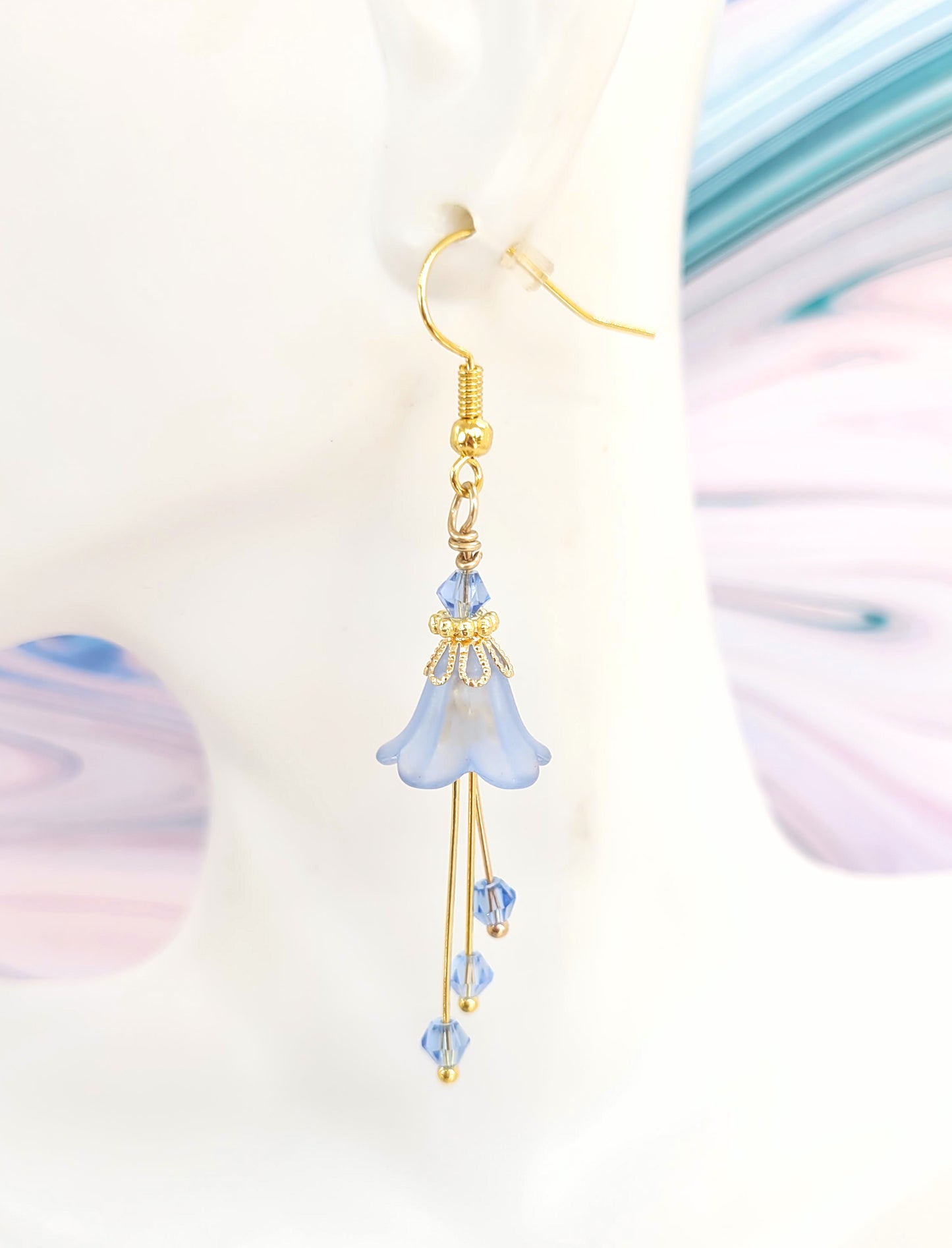 Light Sapphire Powder Blue and Gold Bell Flower Earrings - Chic Brico