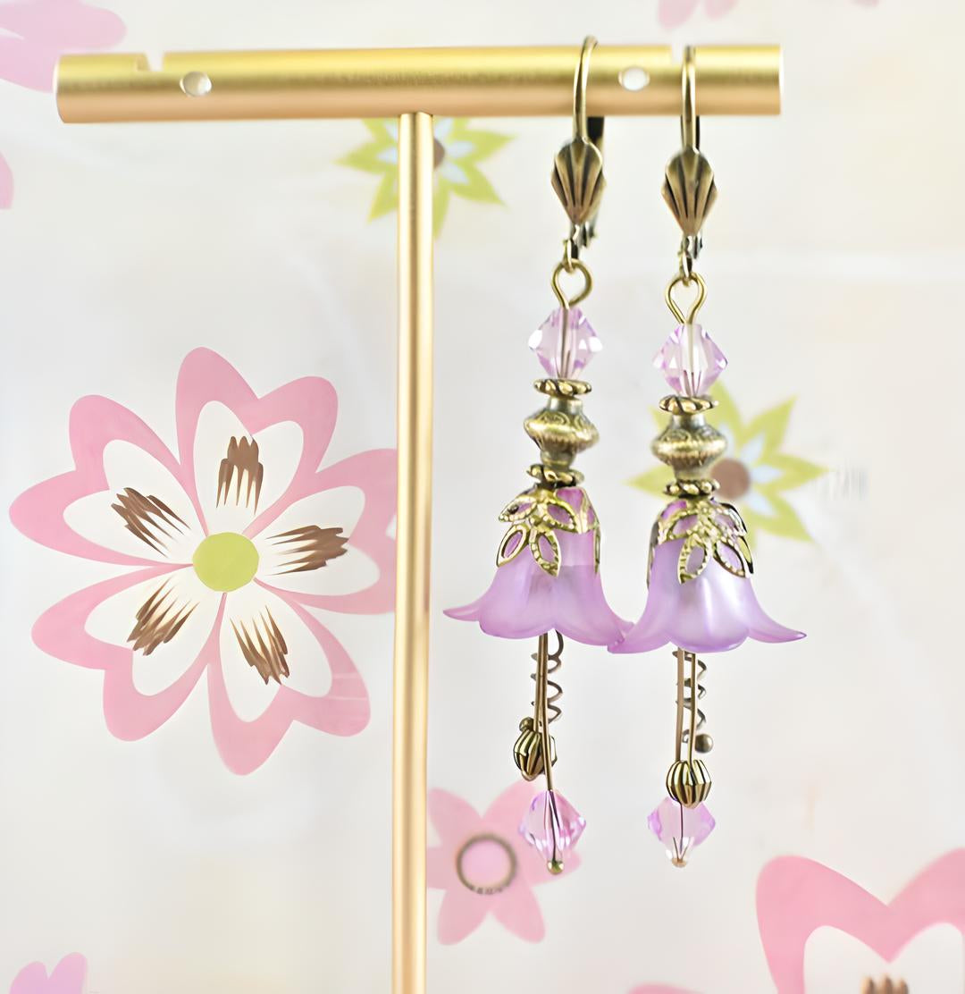 Vintage Victorian Style Lilac and Antique Bronze Bell Flower Lucite Earrings - Chic Brico