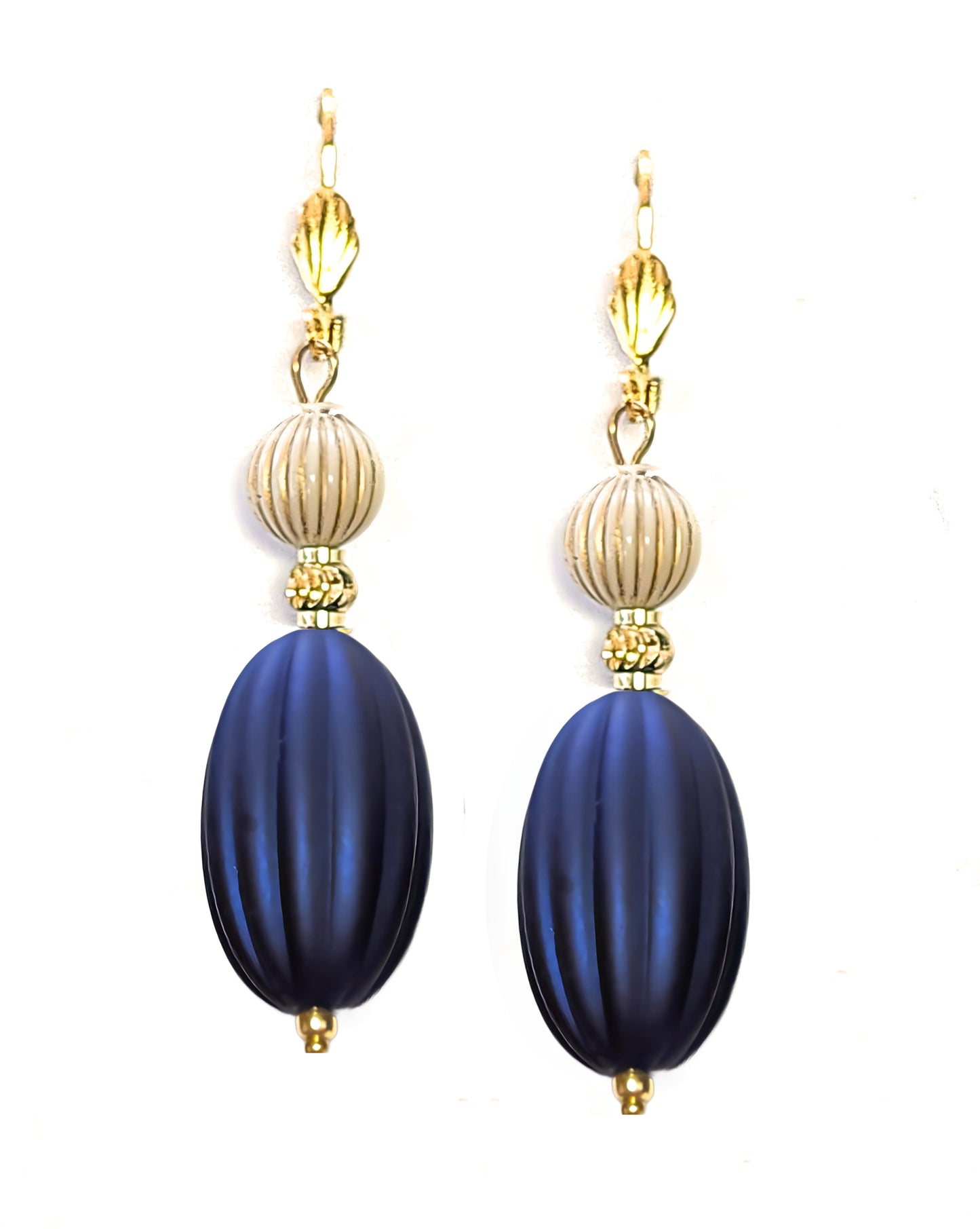 Navy Blue, Ivory and Gold Puffed Oval Dangle Silicone Statement Earrings