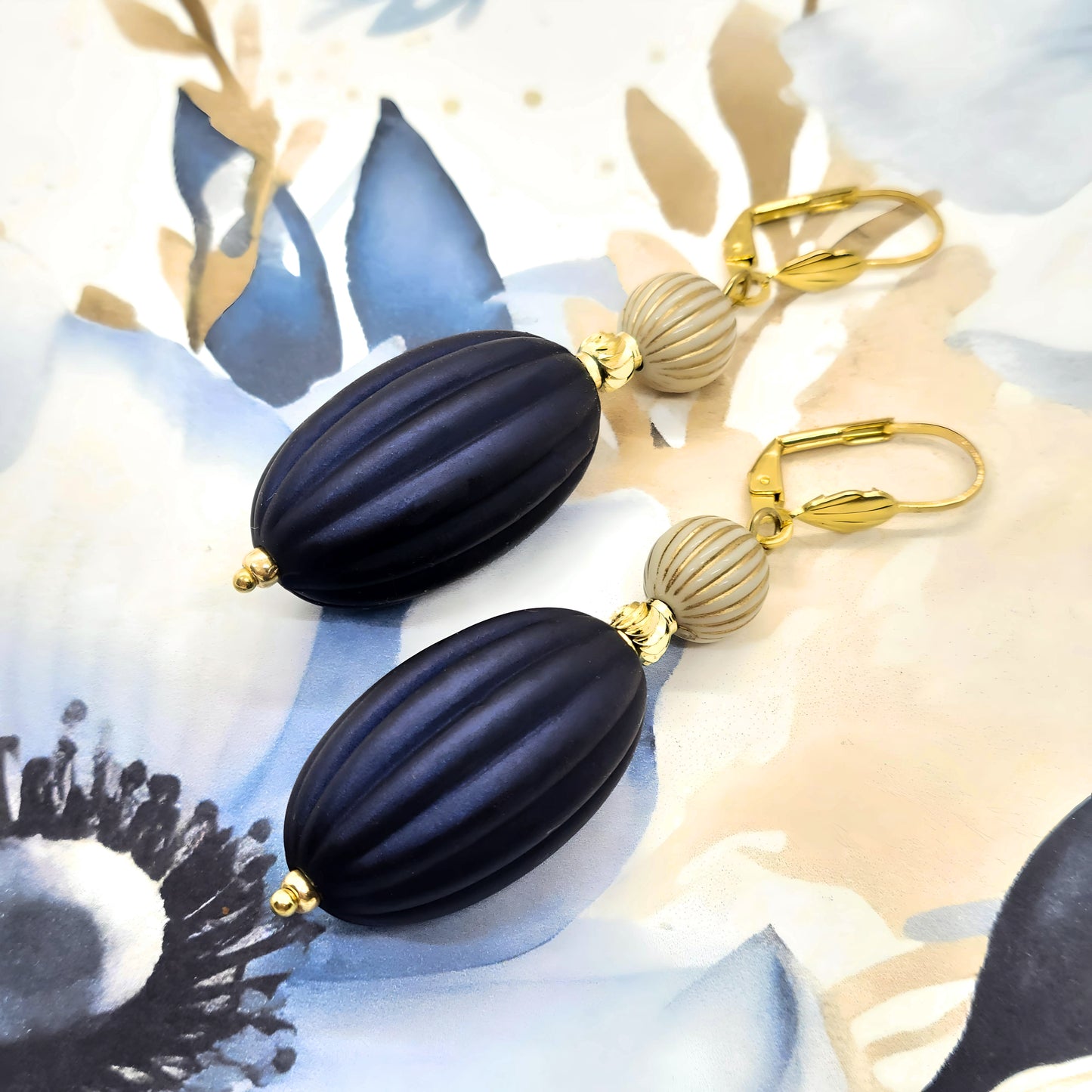 Navy Blue, Ivory and Gold Puffed Oval Dangle Silicone Statement Earrings - Chic Brico