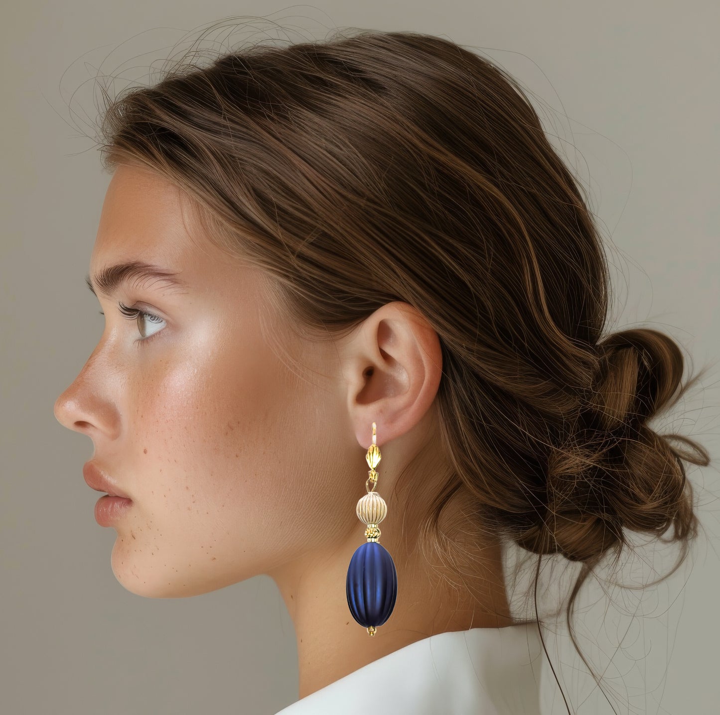 Navy Blue, Ivory and Gold Puffed Oval Dangle Silicone Statement Earrings