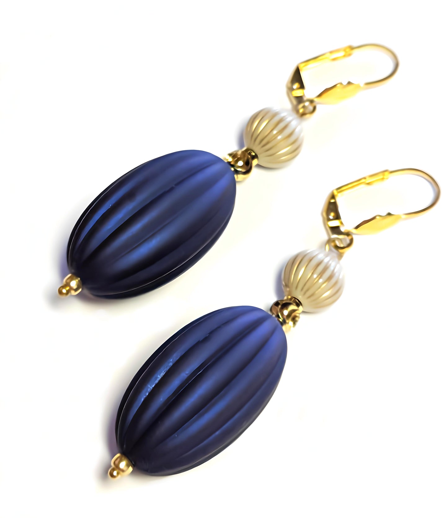 Navy Blue, Ivory and Gold Puffed Oval Dangle Silicone Statement Earrings - Chic Brico