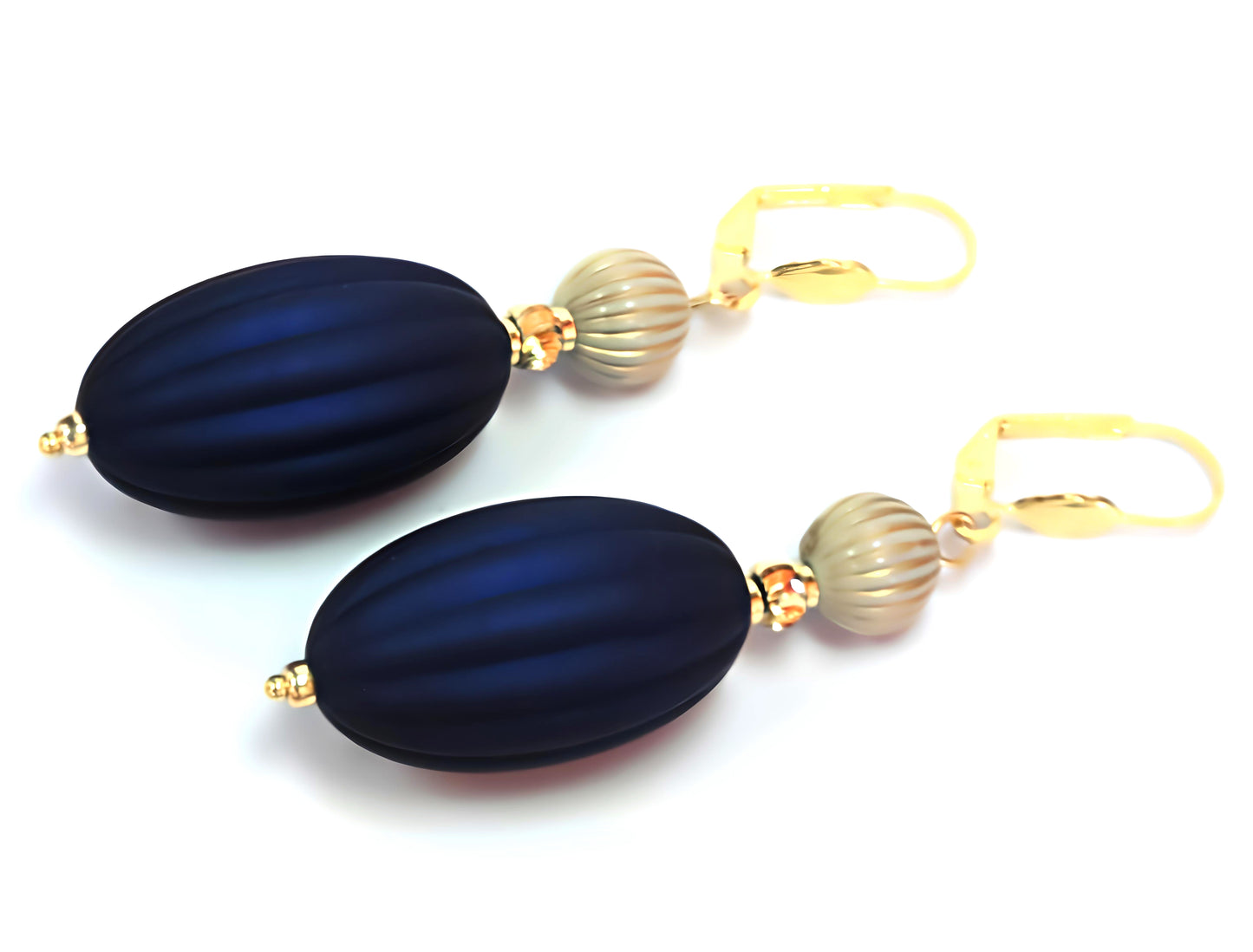 Navy Blue, Ivory and Gold Puffed Oval Dangle Silicone Statement Earrings - Chic Brico
