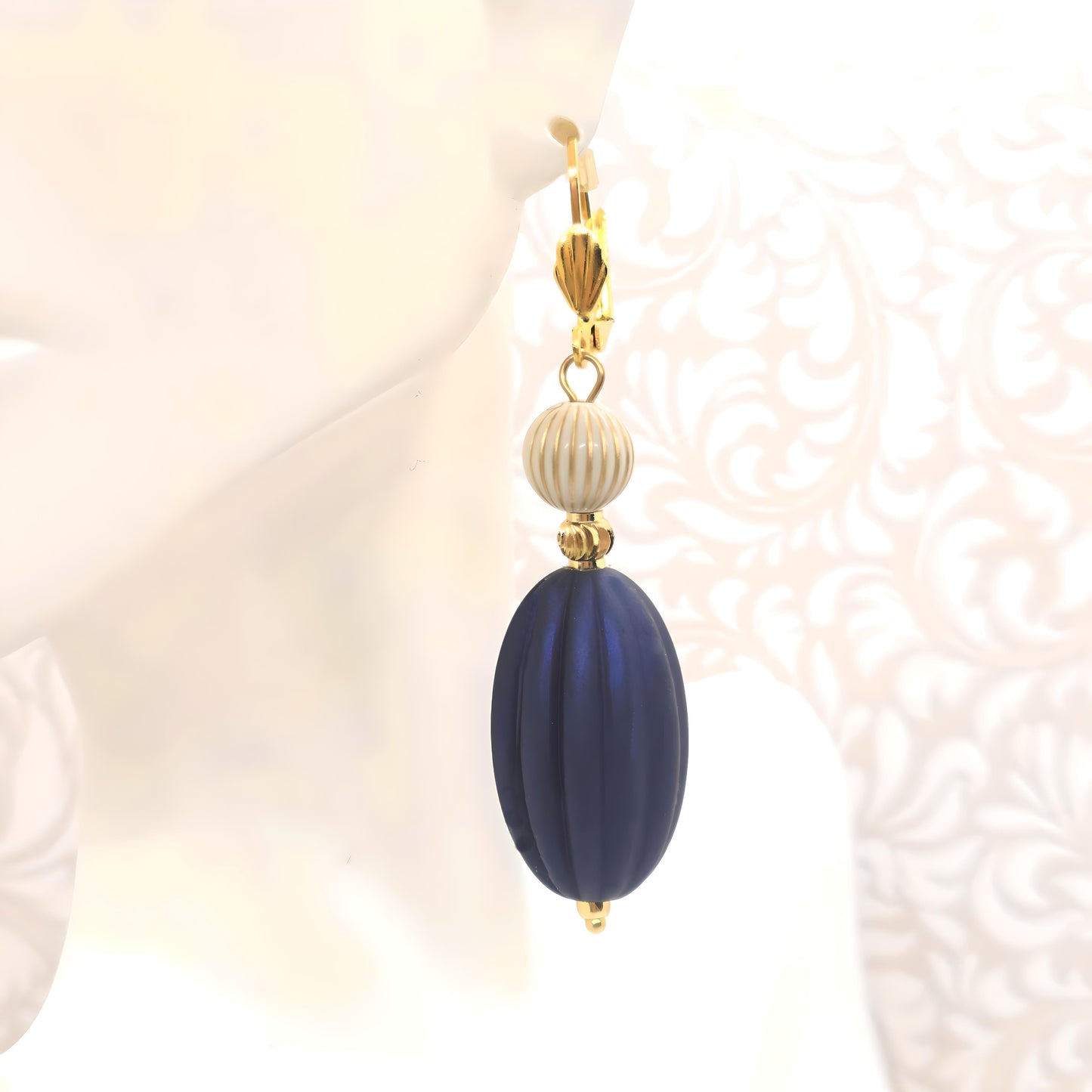 Navy Blue, Ivory and Gold Puffed Oval Dangle Silicone Statement Earrings - Chic Brico