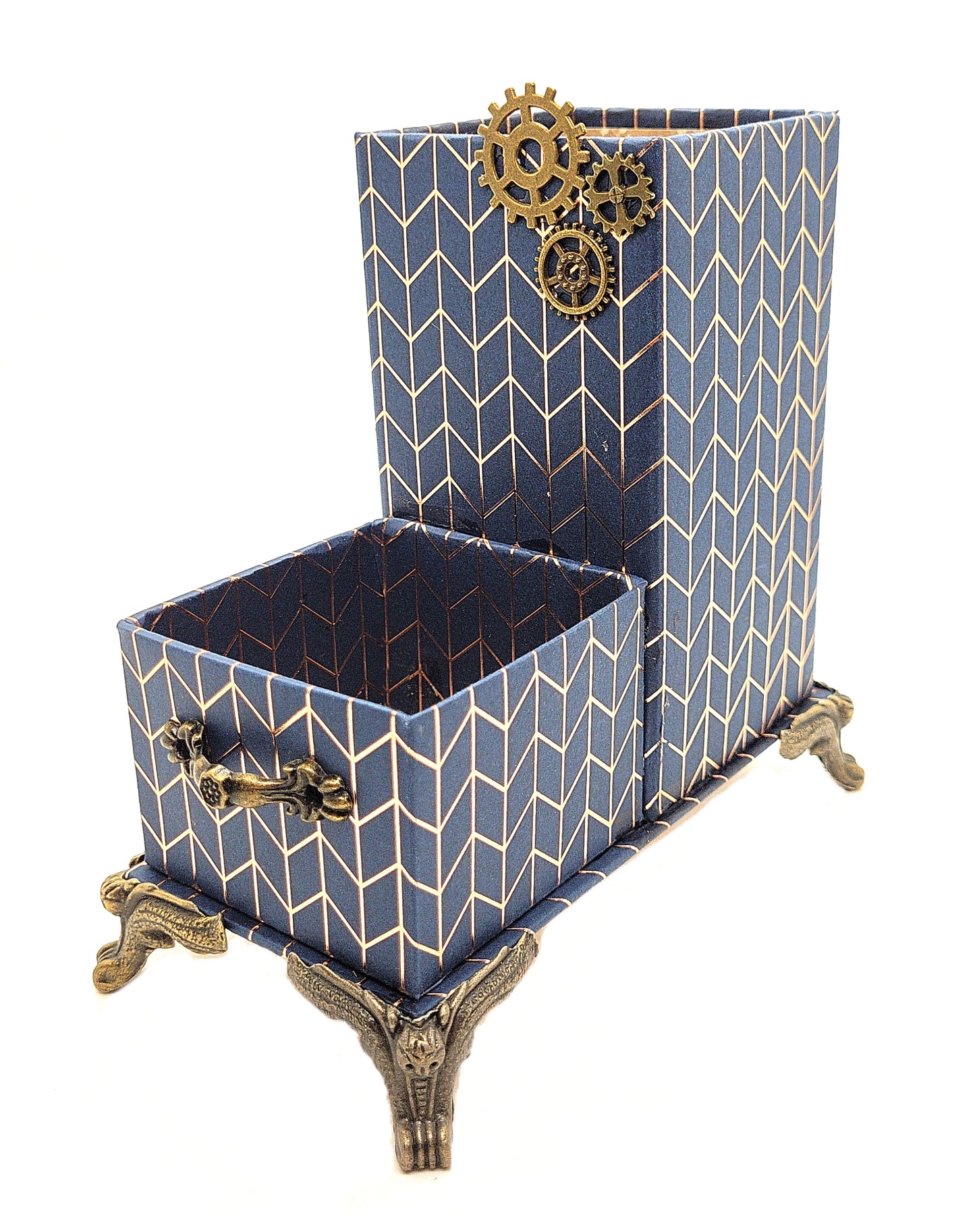 Office Desktop Organizer for Him for Pens and Clips w/Antique Key Accent - Navy Blue and Gold Geometric - Chic Brico