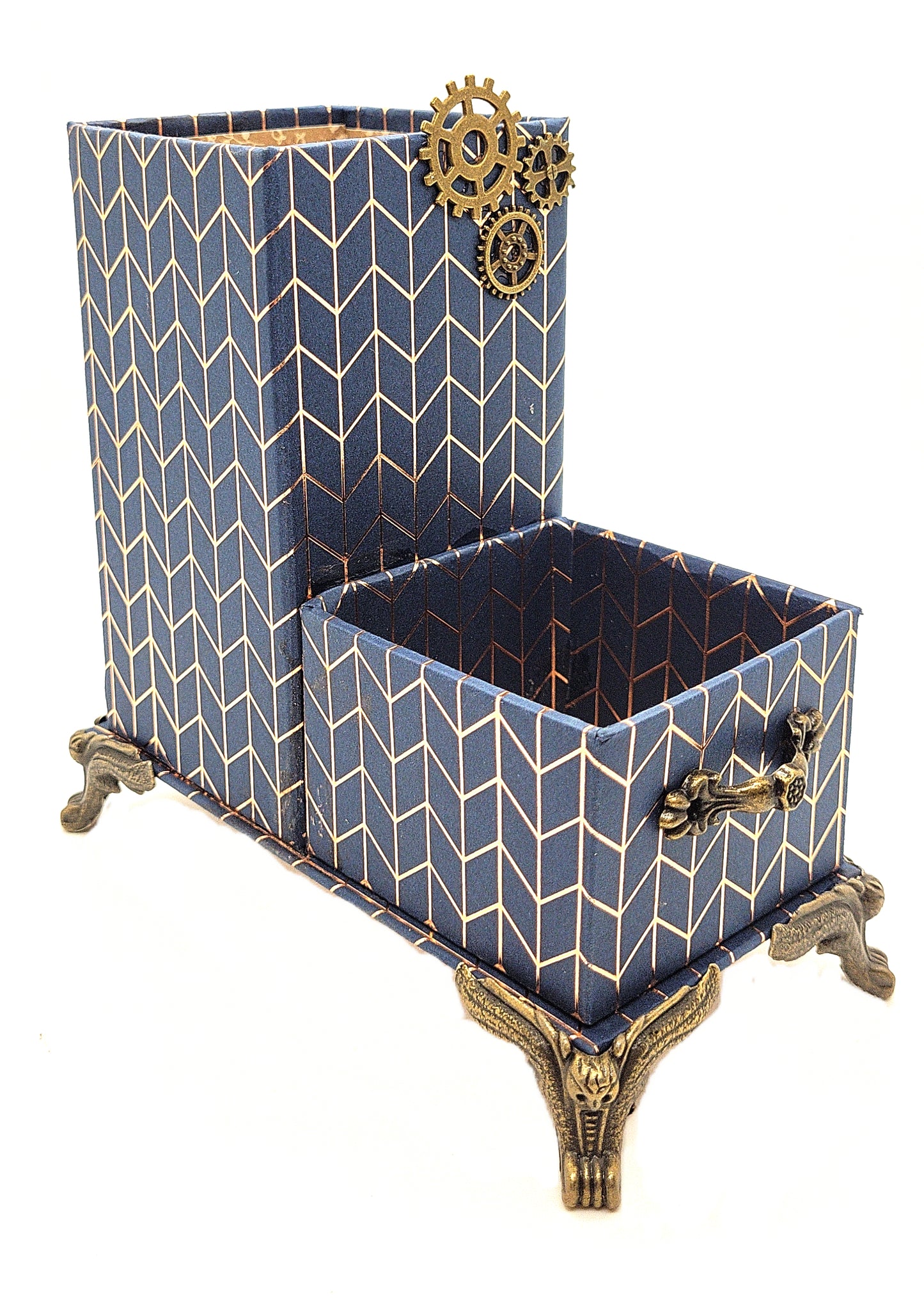 Office Desktop Organizer for Him for Pens and Clips w/Antique Key Accent - Navy Blue and Gold Geometric - Chic Brico