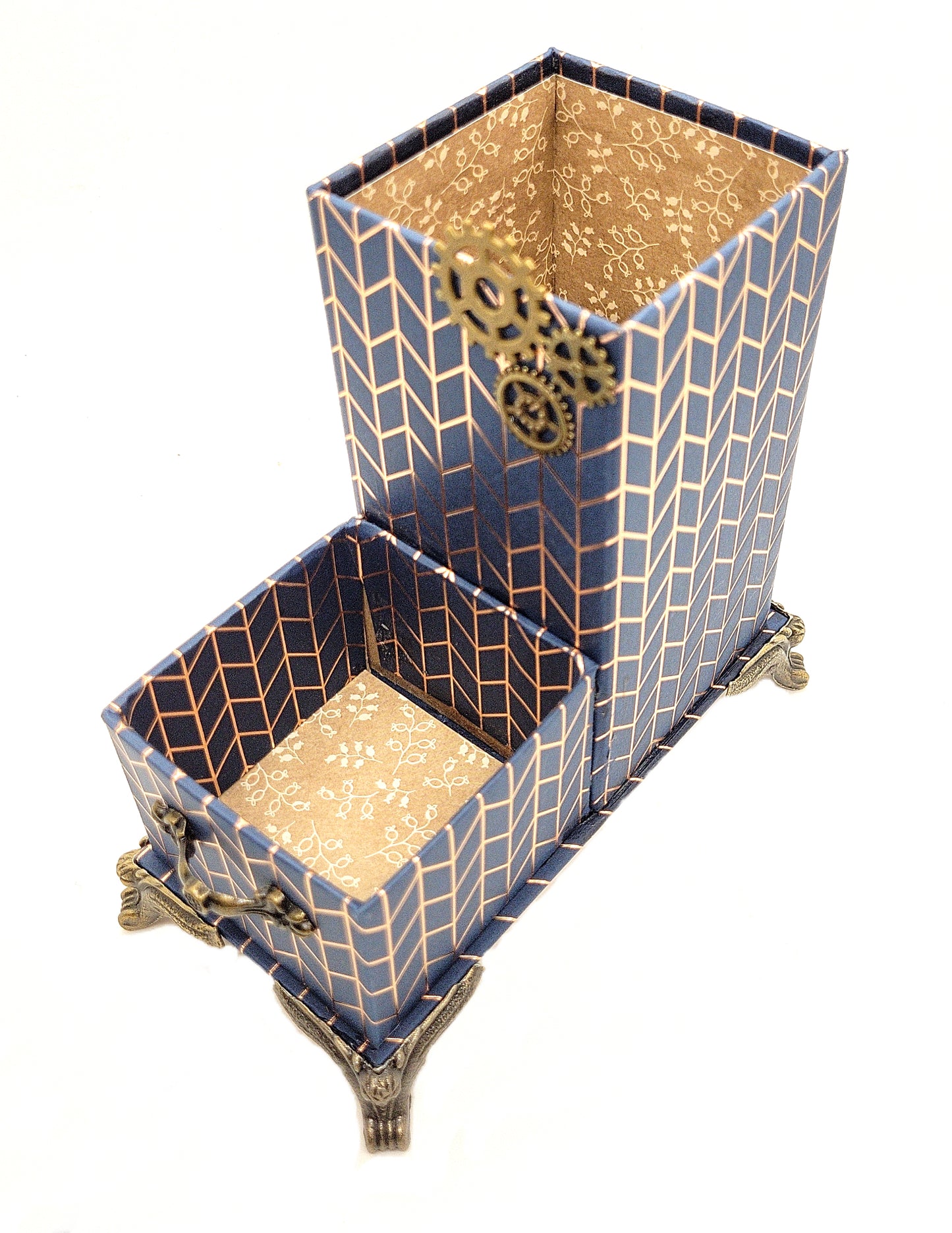 Office Desktop Organizer for Him for Pens and Clips w/Antique Key Accent - Navy Blue and Gold Geometric - Chic Brico