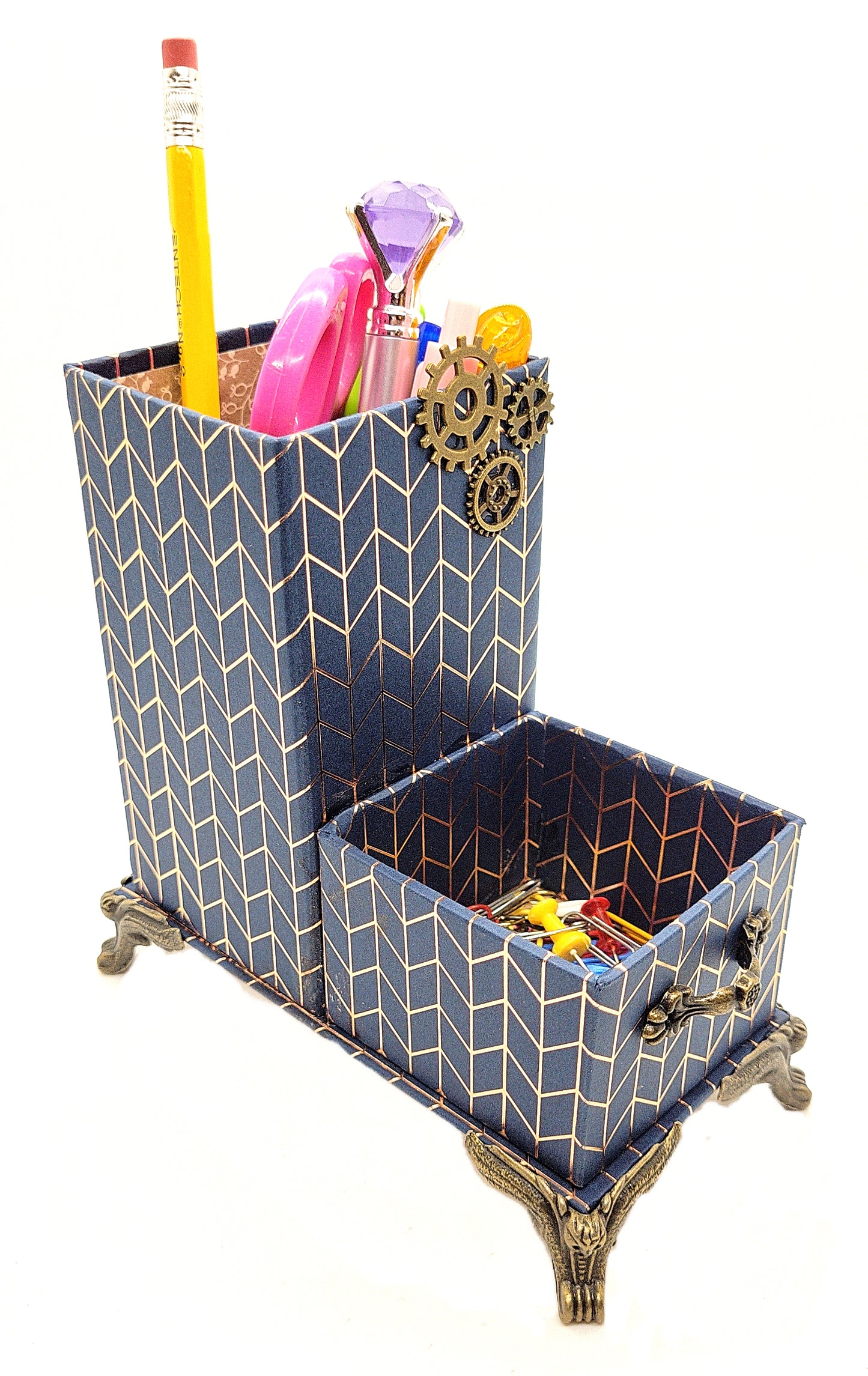 Office Desktop Organizer for Him for Pens and Clips w/Antique Key Accent - Navy Blue and Gold Geometric - Chic Brico