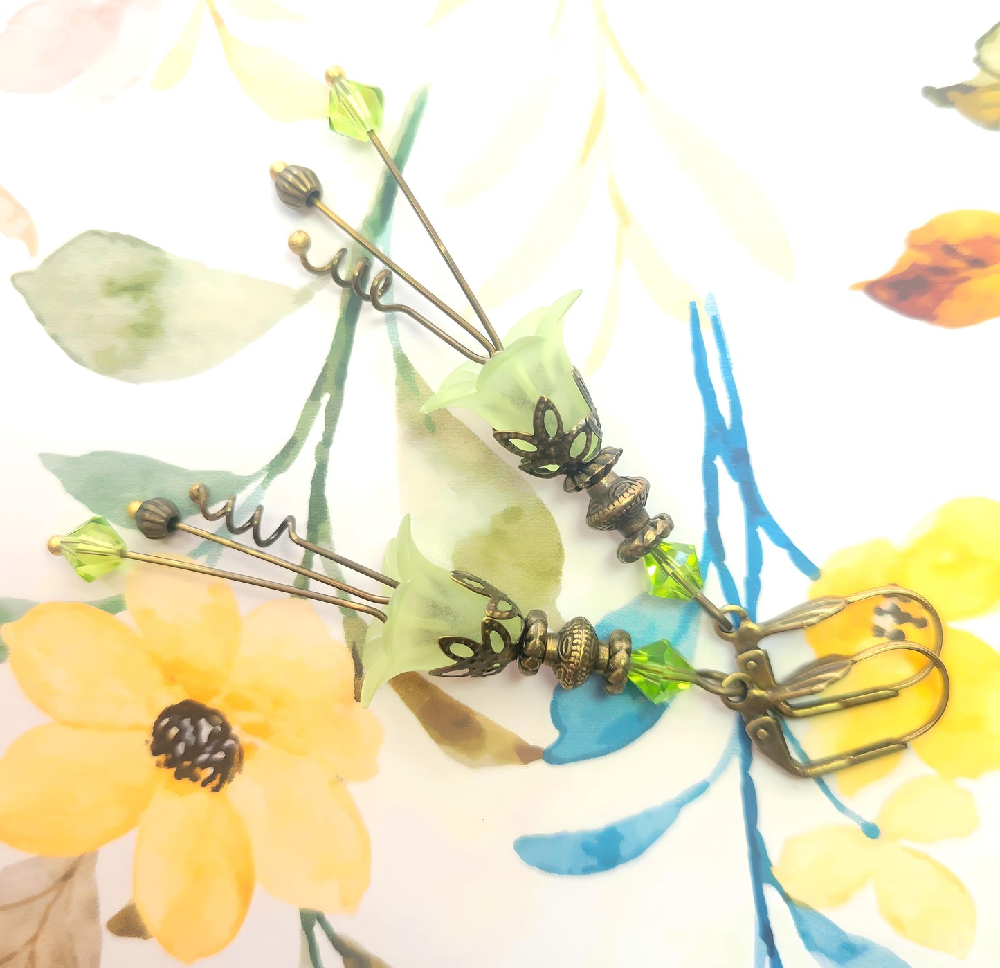 Vintage Victorian Style Peridot Green and Antique Bronze Bell Flower Lucite Earrings