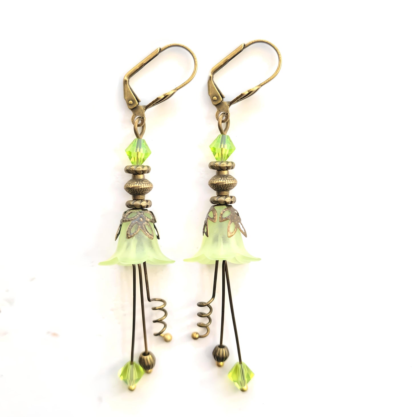 Vintage Victorian Style Peridot Green and Antique Bronze Bell Flower Lucite Earrings