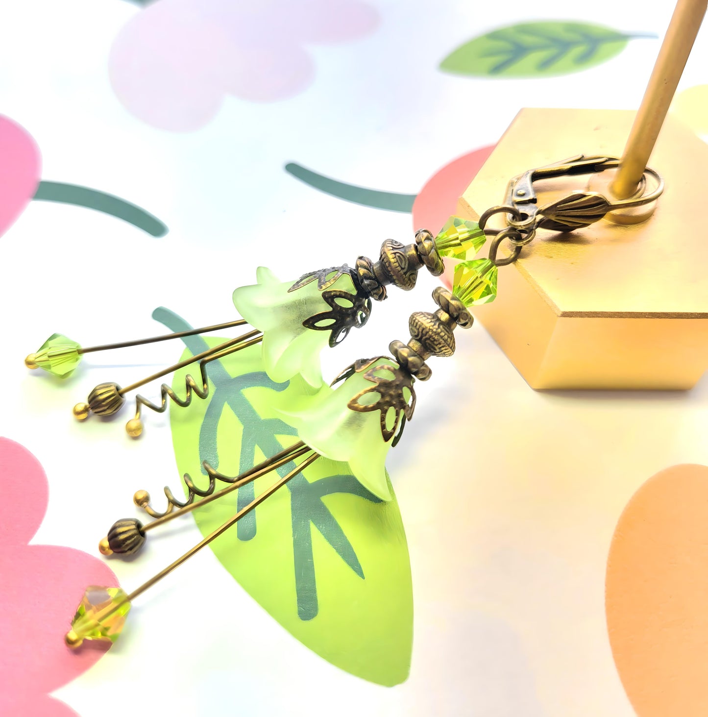 Vintage Victorian Style Peridot Green and Antique Bronze Bell Flower Lucite Earrings