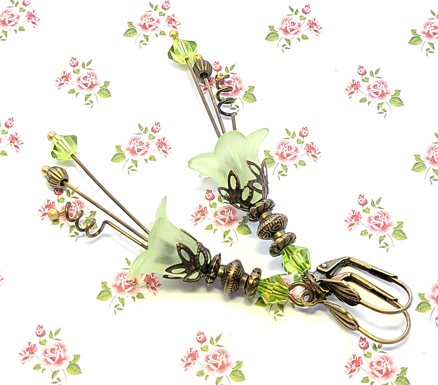 Vintage Victorian Style Peridot Green and Antique Bronze Bell Flower Lucite Earrings