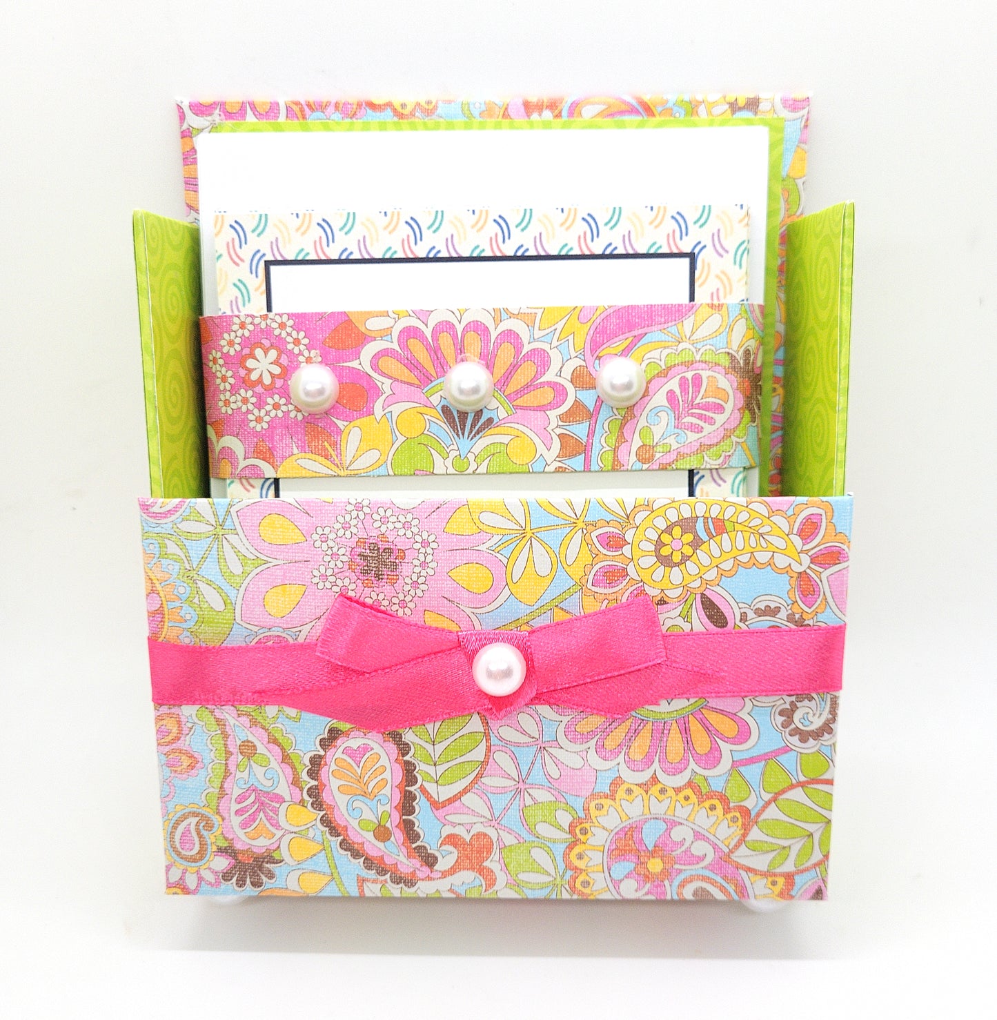 42-Pc Stationery Gift Box Set w/Reusable Desktop Organizer Box and Gold Pen - Pink, Orange & Yellow Paisley - Chic Brico