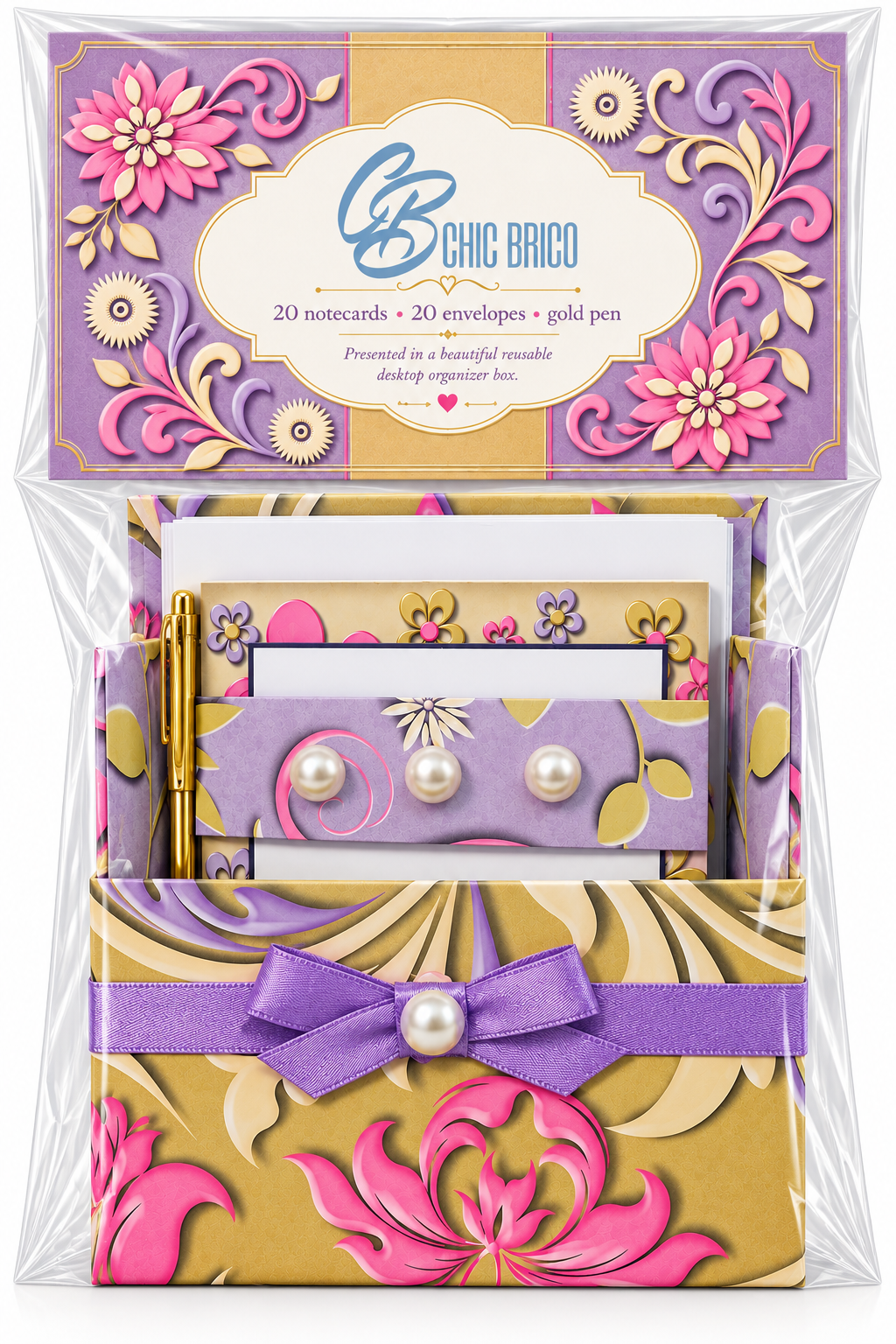 Lavender Whimsy Boxed Stationery Set – 20 Notecards, 20 Envelopes & Gold Pen