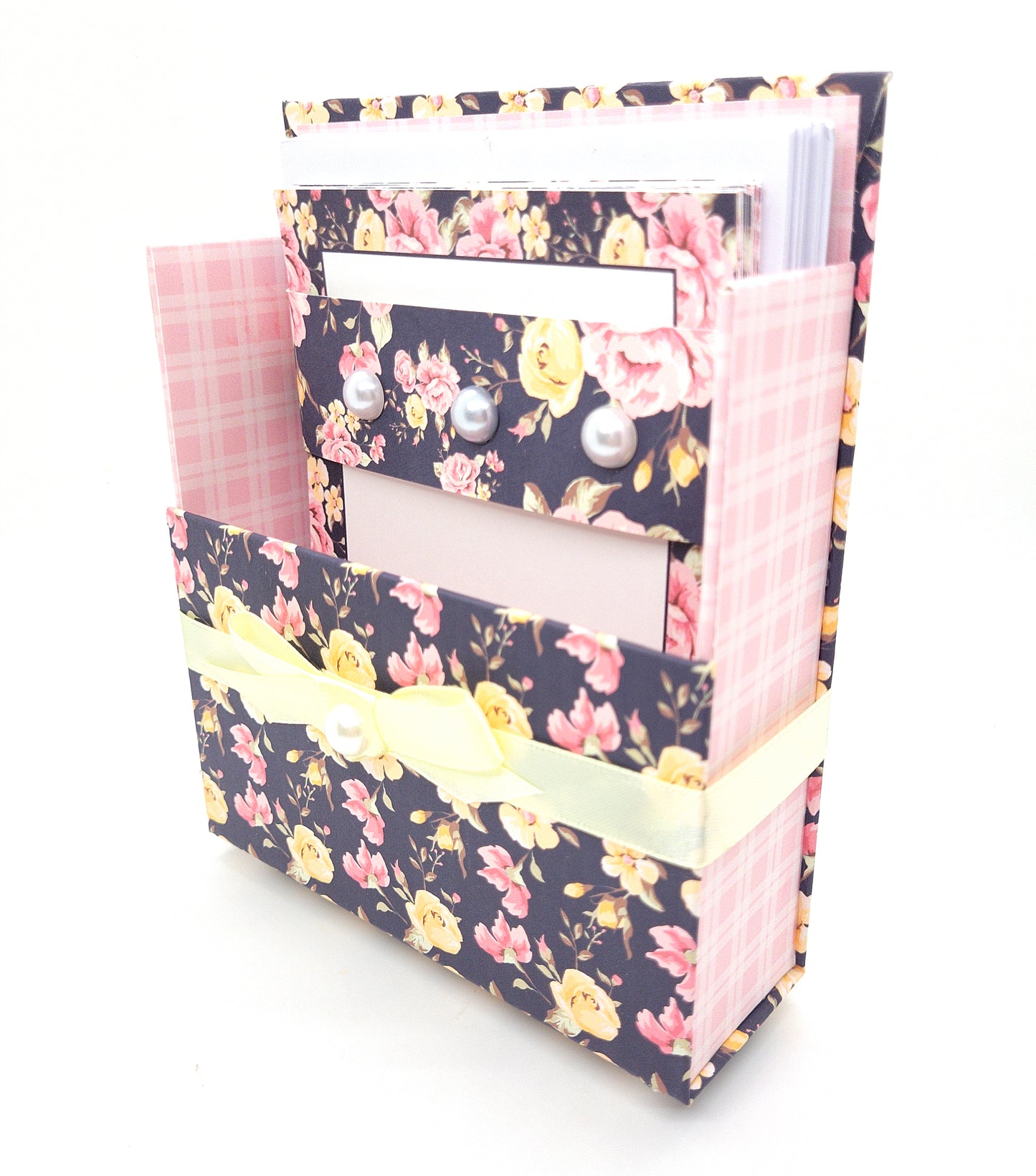 42-Pc Stationery Gift Box Set w/Reusable Desktop Organizer Box and Gold Pen - Black, Pink & Yellow Roses - Chic Brico