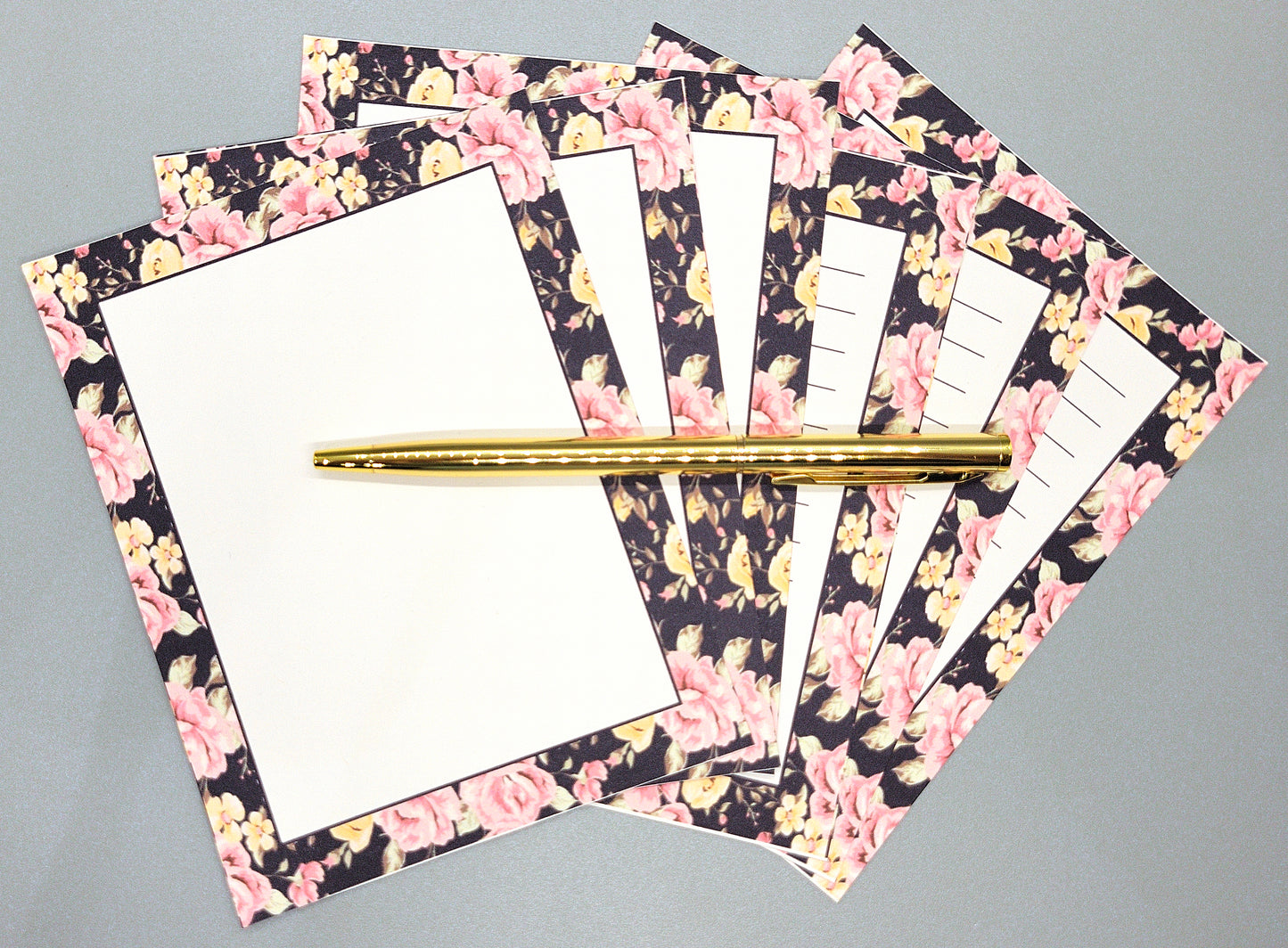 42-Pc Stationery Gift Box Set w/Reusable Desktop Organizer Box and Gold Pen - Black, Pink & Yellow Roses - Chic Brico