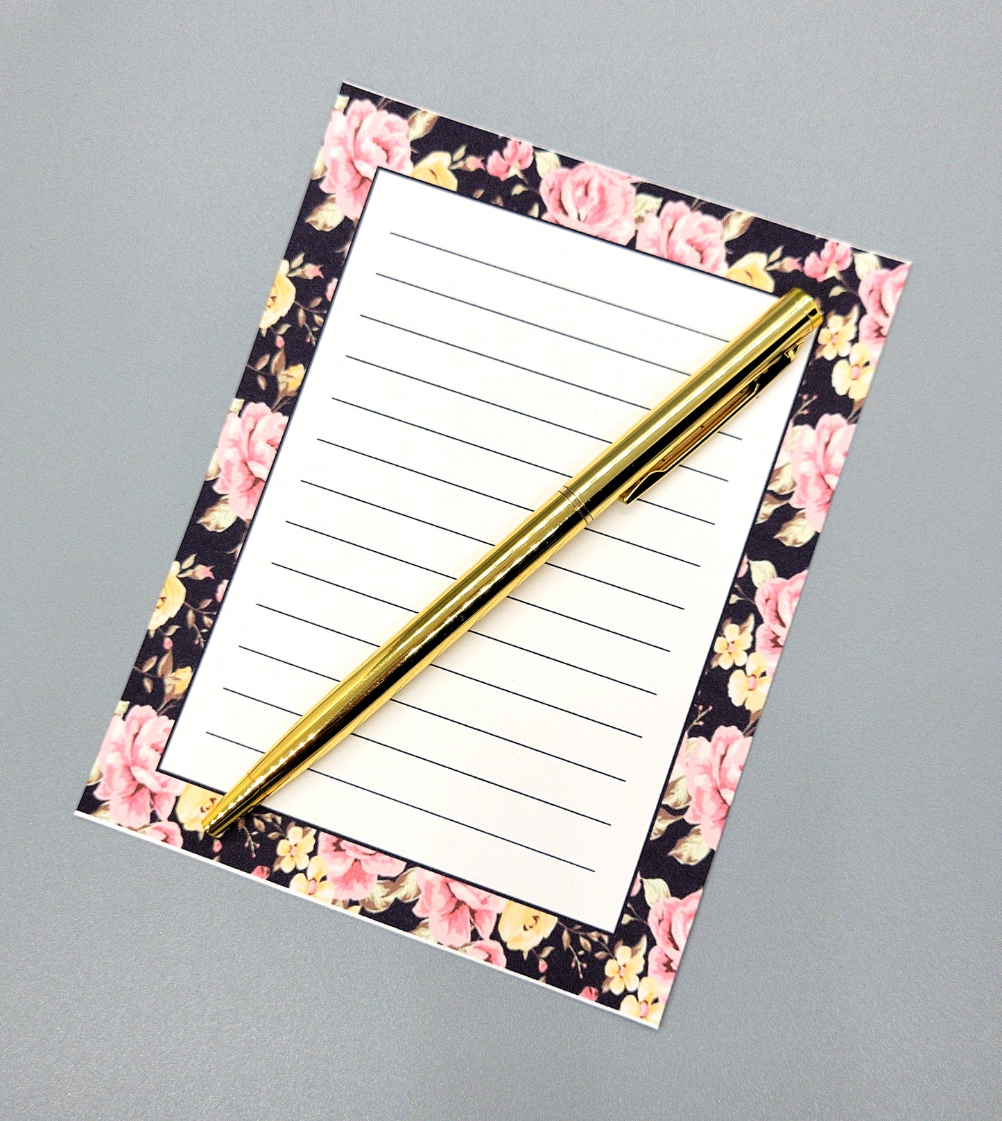 42-Pc Stationery Gift Box Set w/Reusable Desktop Organizer Box and Gold Pen - Black, Pink & Yellow Roses - Chic Brico