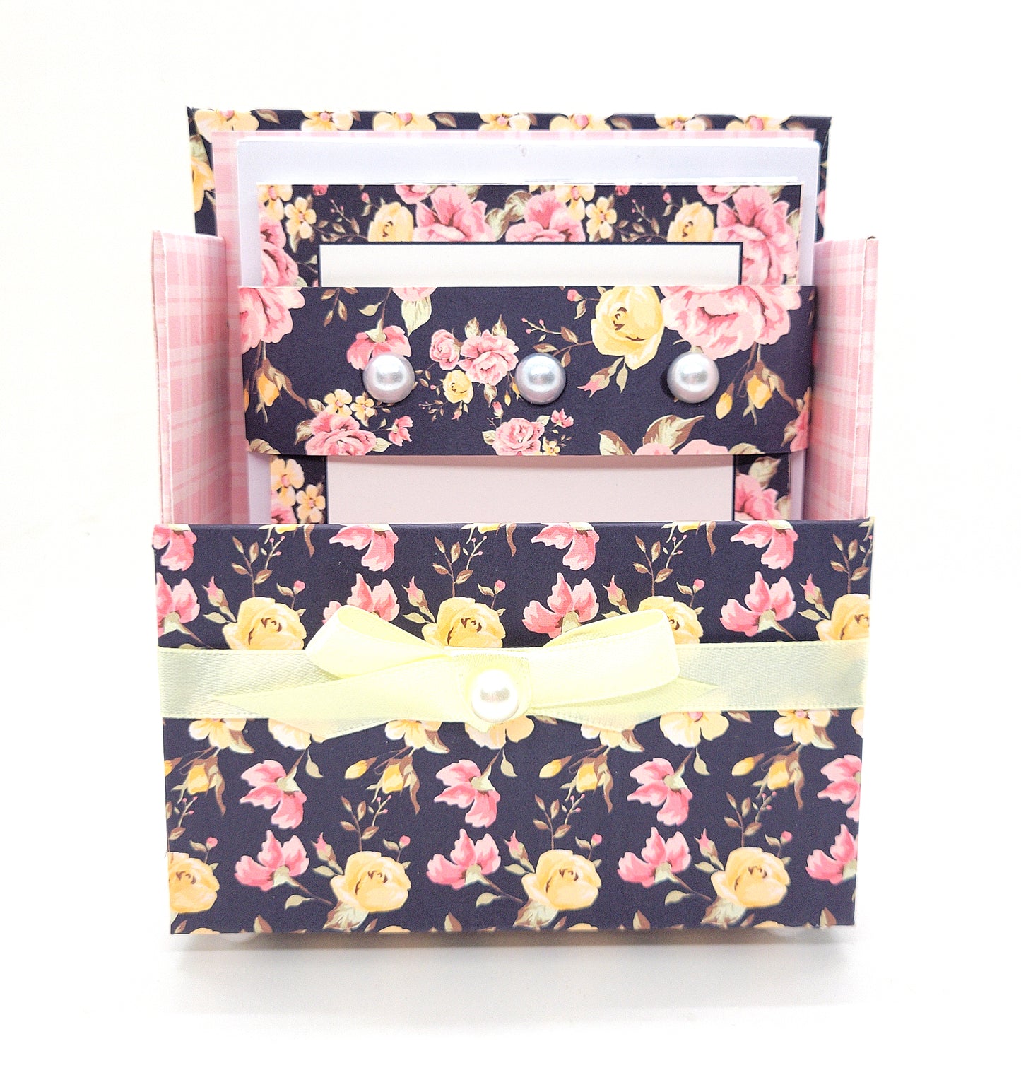 42-Pc Stationery Gift Box Set w/Reusable Desktop Organizer Box and Gold Pen - Black, Pink & Yellow Roses - Chic Brico