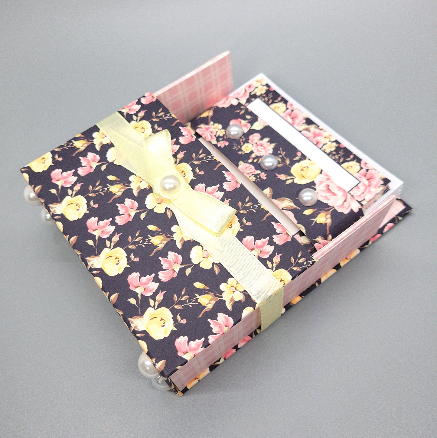 42-Pc Stationery Gift Box Set w/Reusable Desktop Organizer Box and Gold Pen - Black, Pink & Yellow Roses - Chic Brico