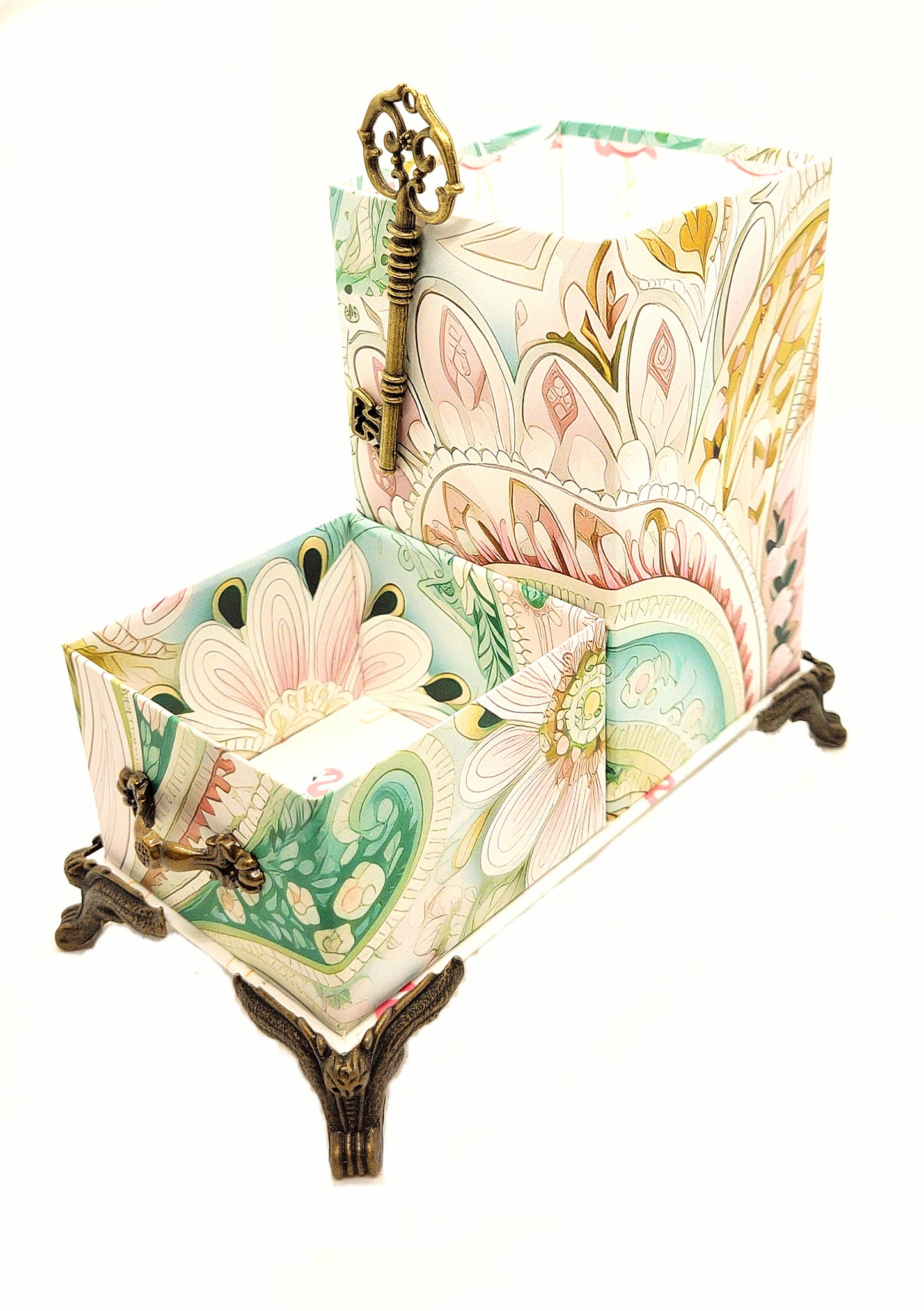 Desktop Organizer for Pens and Clips w/Antique Key Accent - Pink and Green Waves - Chic Brico