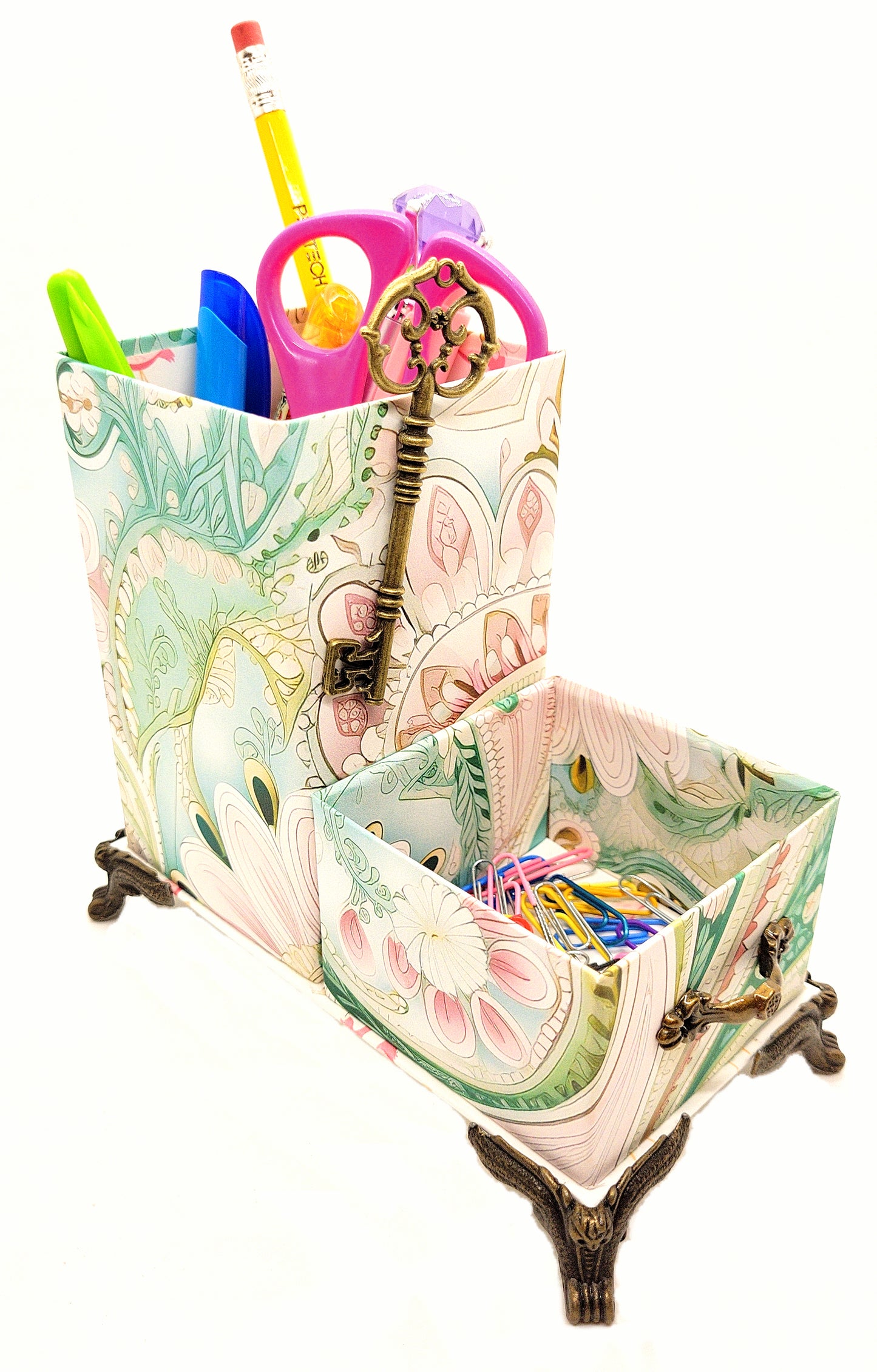Desktop Organizer for Pens and Clips w/Antique Key Accent - Pink and Green Waves - Chic Brico