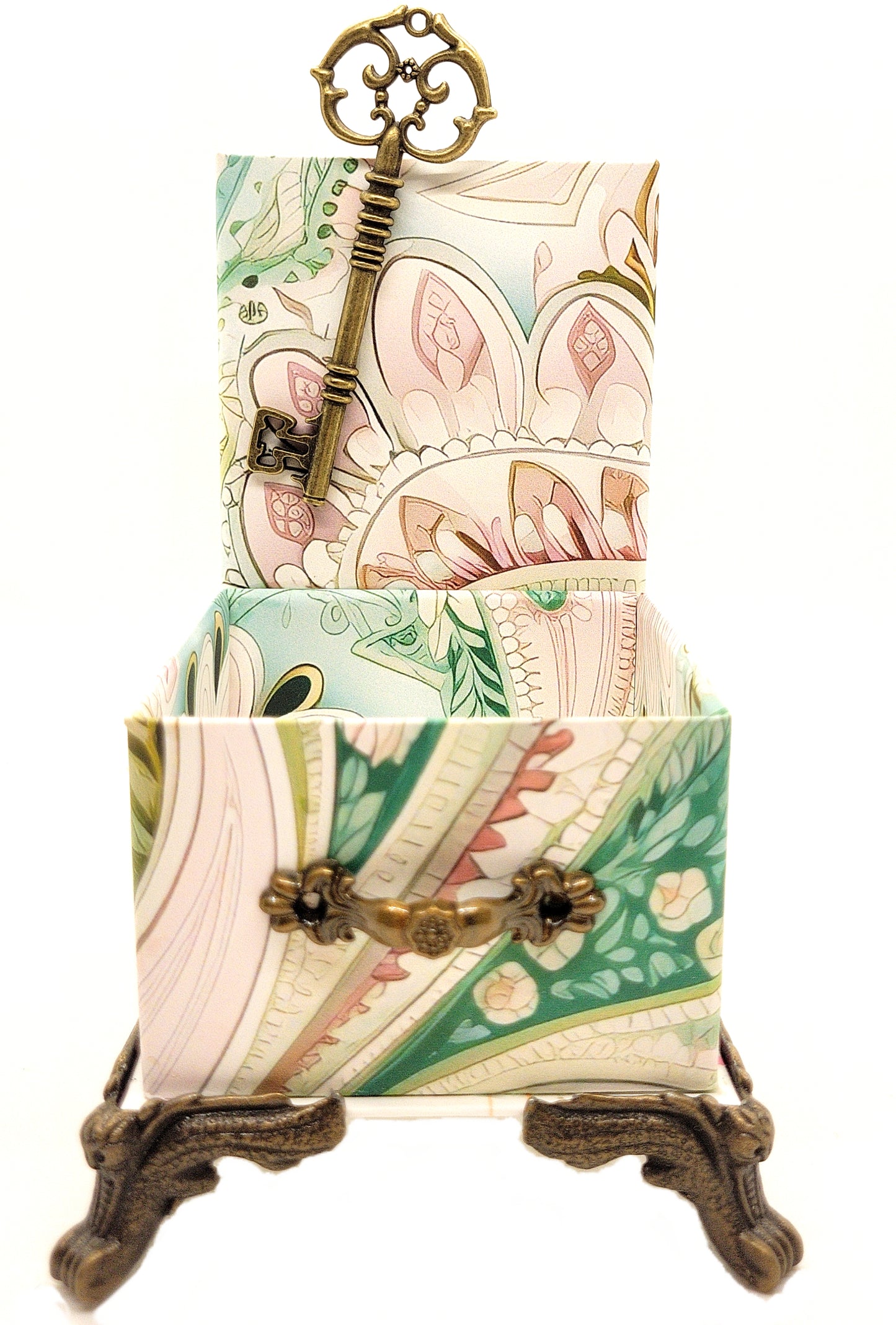 Desktop Organizer for Pens and Clips w/Antique Key Accent - Pink and Green Waves - Chic Brico