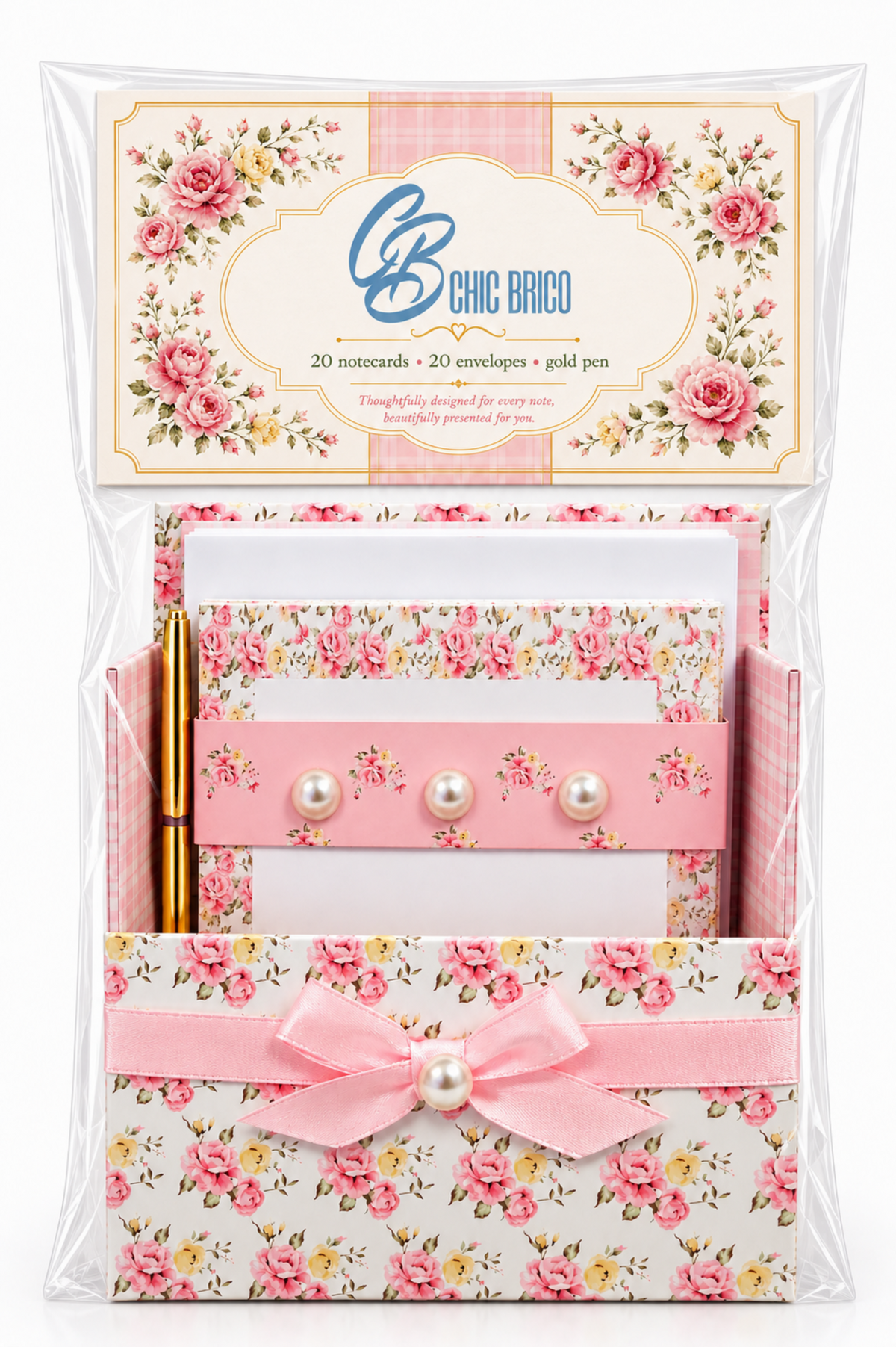 Pink & Yellow Posies Boxed Stationery Set – 20 Notecards, 20 Envelopes & Gold Pen