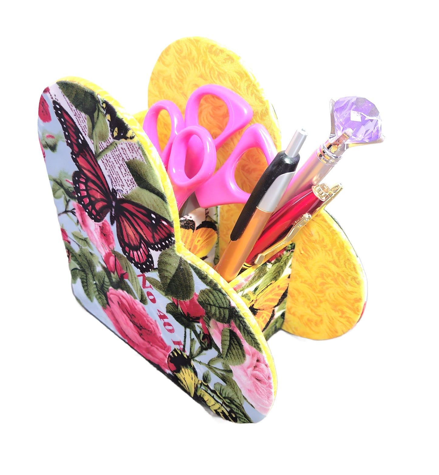 Desktop Organizer, Heart-Shaped, 100% Cotton Fabric, Butterflies and Flowers - Chic Brico