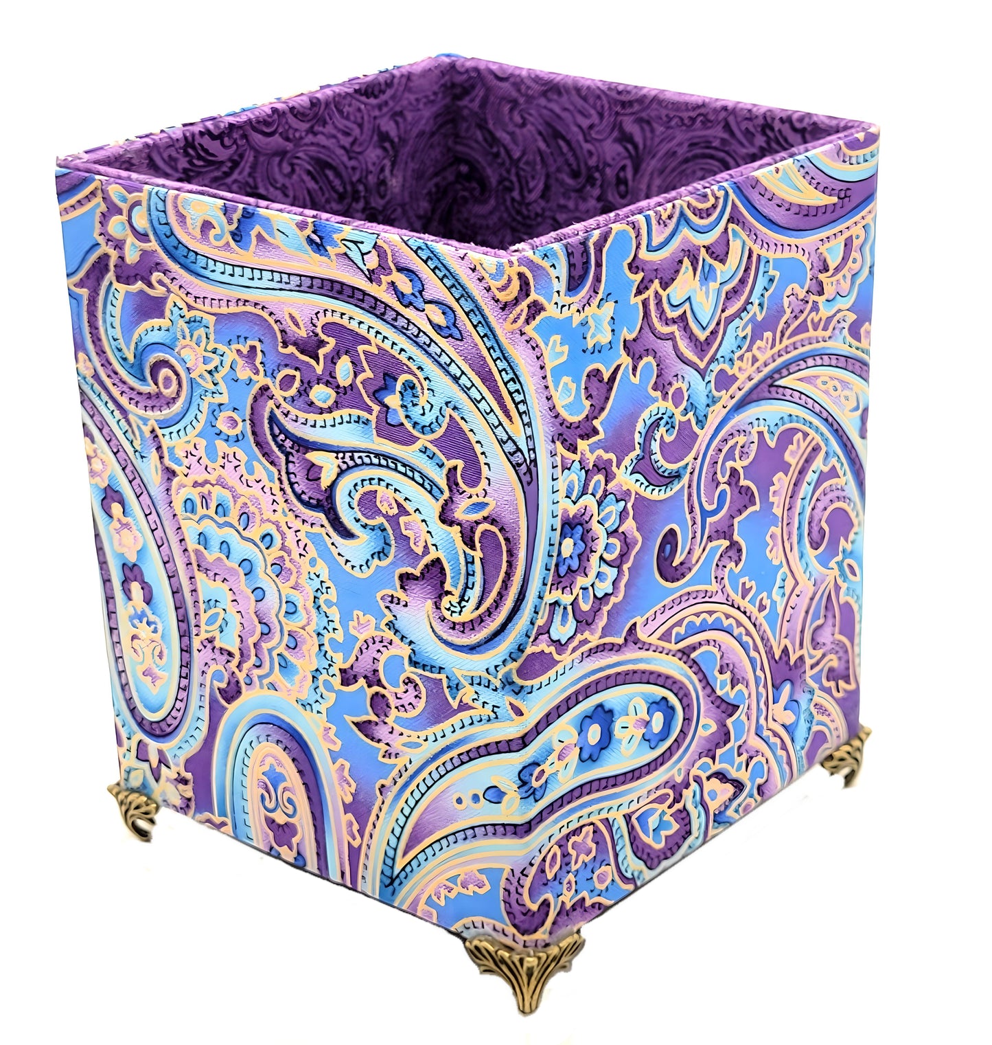 Fabric-Covered Pen Pencil Cosmetics Brushes Holder, Desktop Organizer, Soft Purple and Gold Paisley - Chic Brico