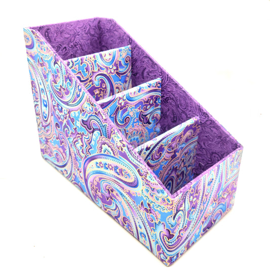 Fabric-Covered Divided Storage Tiered Organizer Box for Desktop or Tabletop, Soft Purple and Gold Paisley - Chic Brico