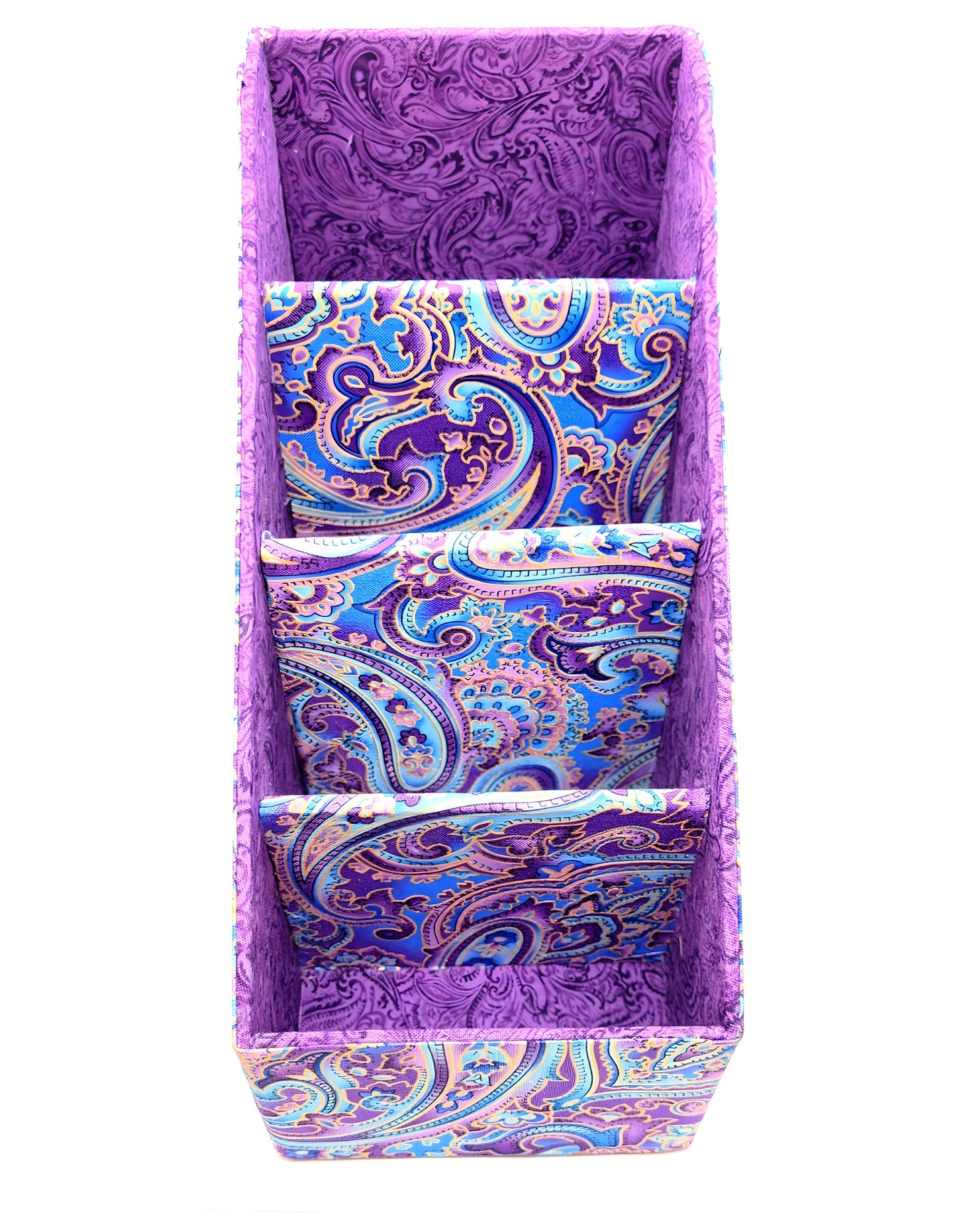 Fabric-Covered Divided Storage Tiered Organizer Box for Desktop or Tabletop, Soft Purple and Gold Paisley - Chic Brico