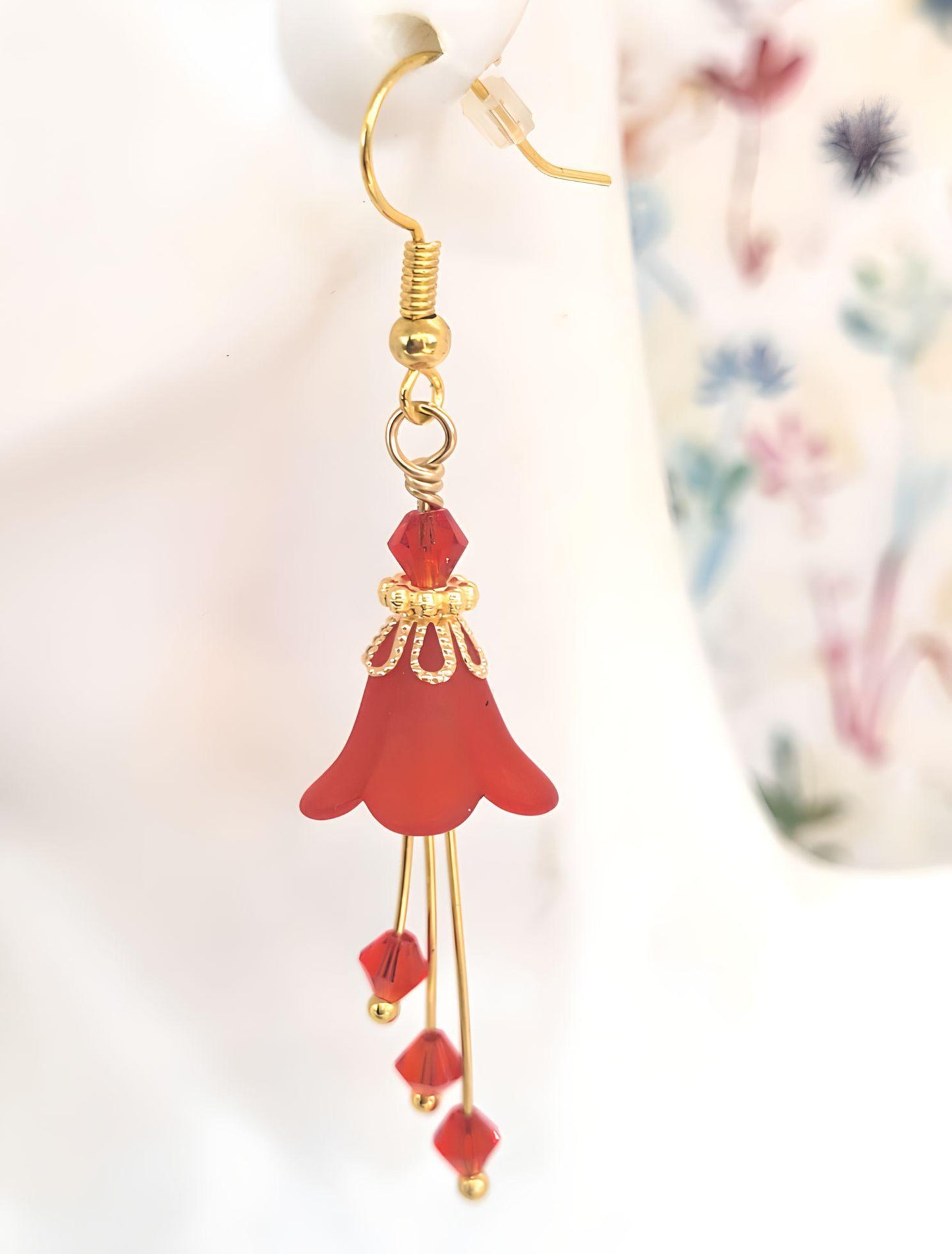 Ruby Siam Red Flower Bell Earrings - Chic Brico