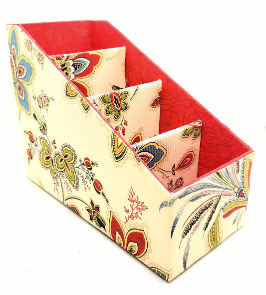 Fabric-Covered Divided Storage Tiered Organizer Box for Desktop or Tabletop - Red, Green and Gold Florals on Ivory - Chic Brico