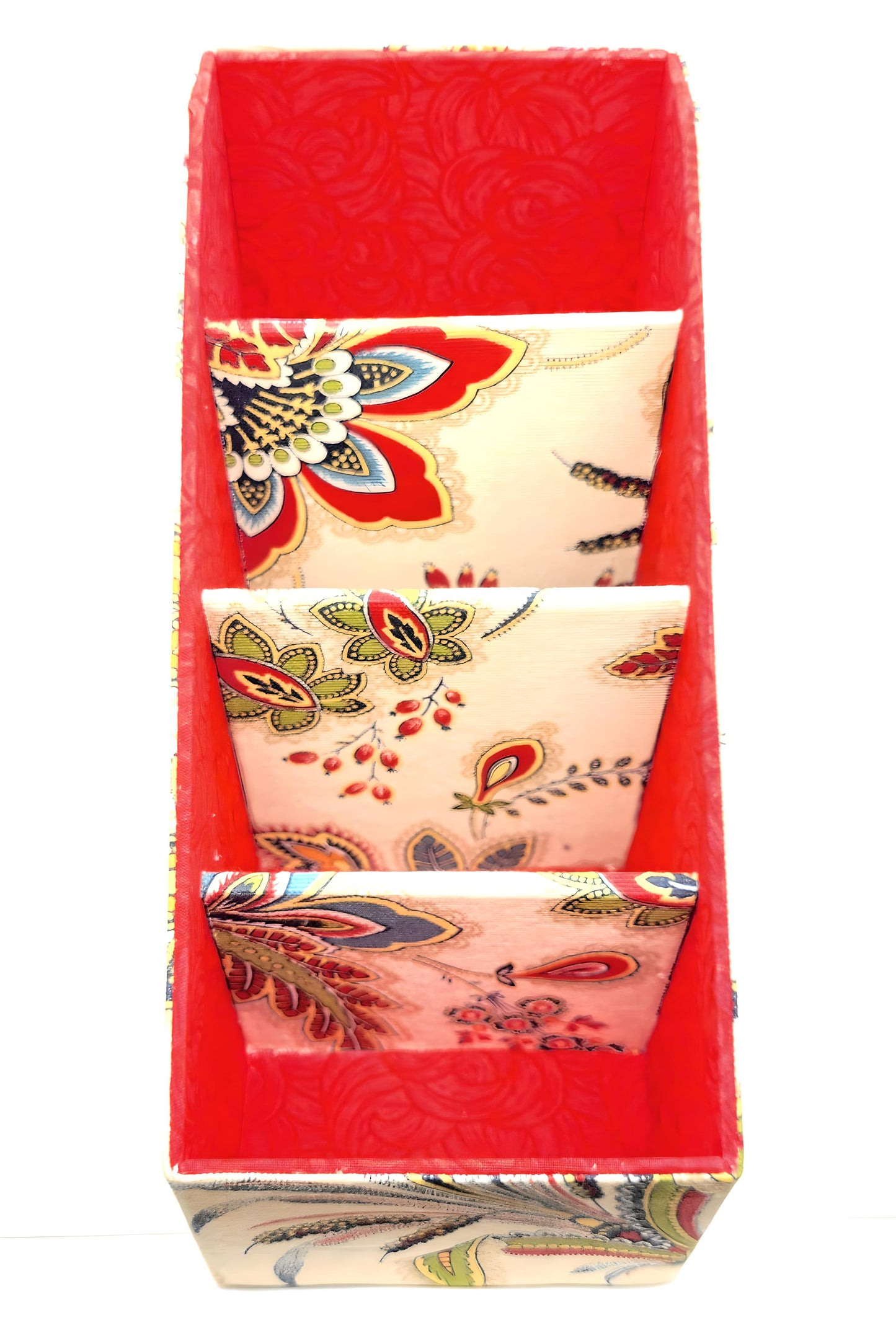 Fabric-Covered Divided Storage Tiered Organizer Box for Desktop or Tabletop - Red, Green and Gold Florals on Ivory - Chic Brico