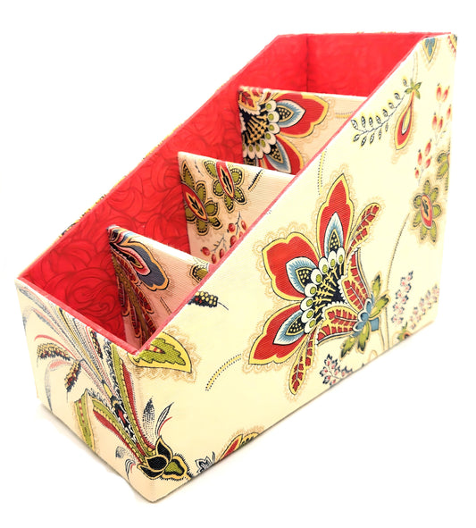 Fabric-Covered Divided Storage Tiered Organizer Box for Desktop or Tabletop - Red, Green and Gold Florals on Ivory - Chic Brico