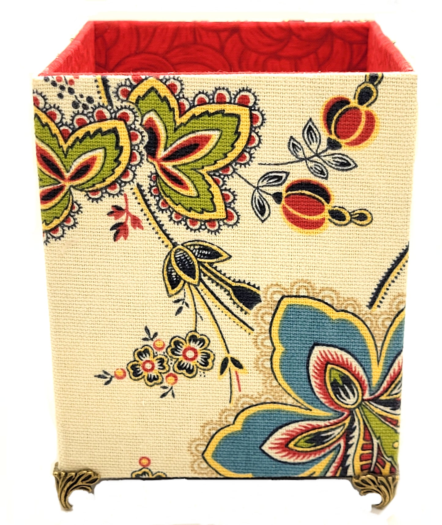 Fabric-Covered Pen Pencil Cosmetics Brushes Holder, Desktop Organizer, Vivid Red and Green Florals on Ivory - Chic Brico