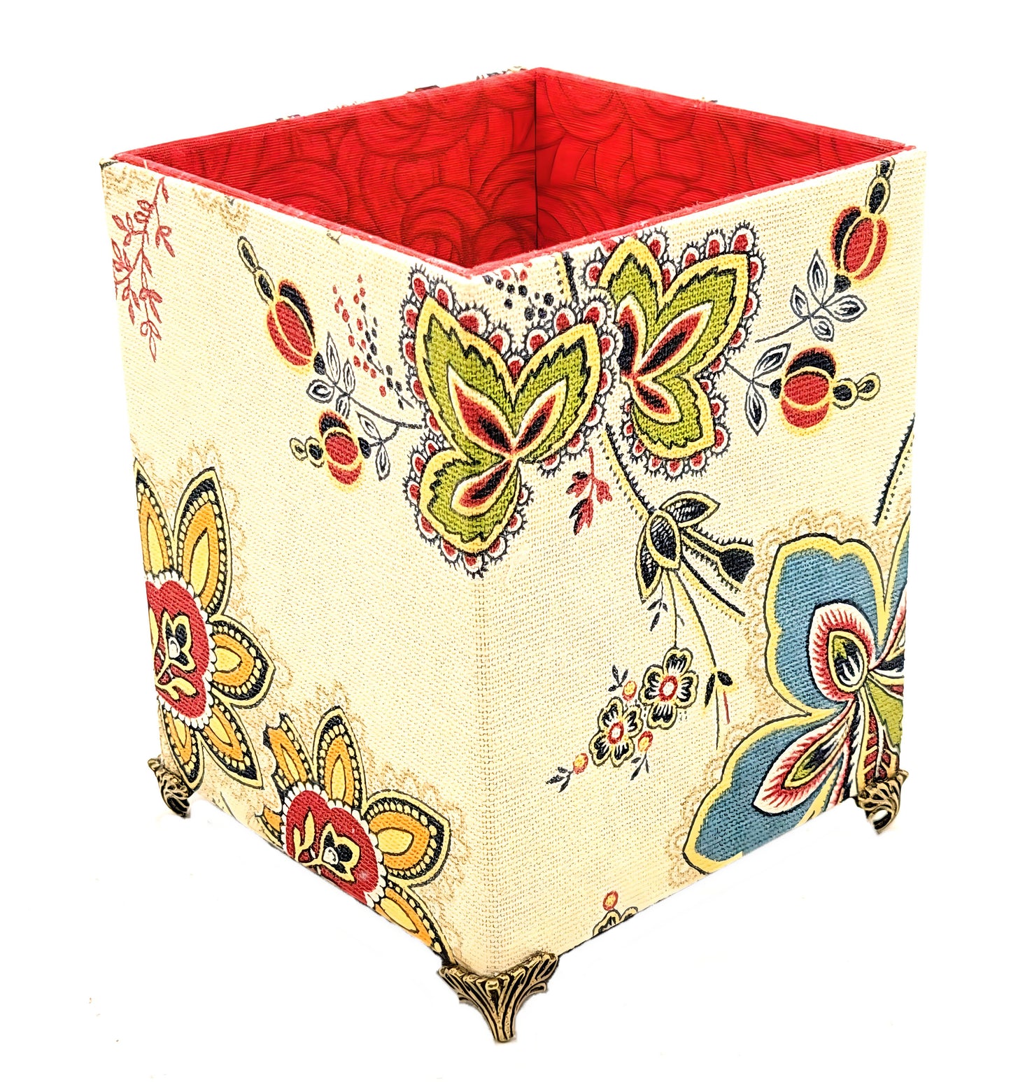 Fabric-Covered Pen Pencil Cosmetics Brushes Holder, Desktop Organizer, Vivid Red and Green Florals on Ivory - Chic Brico