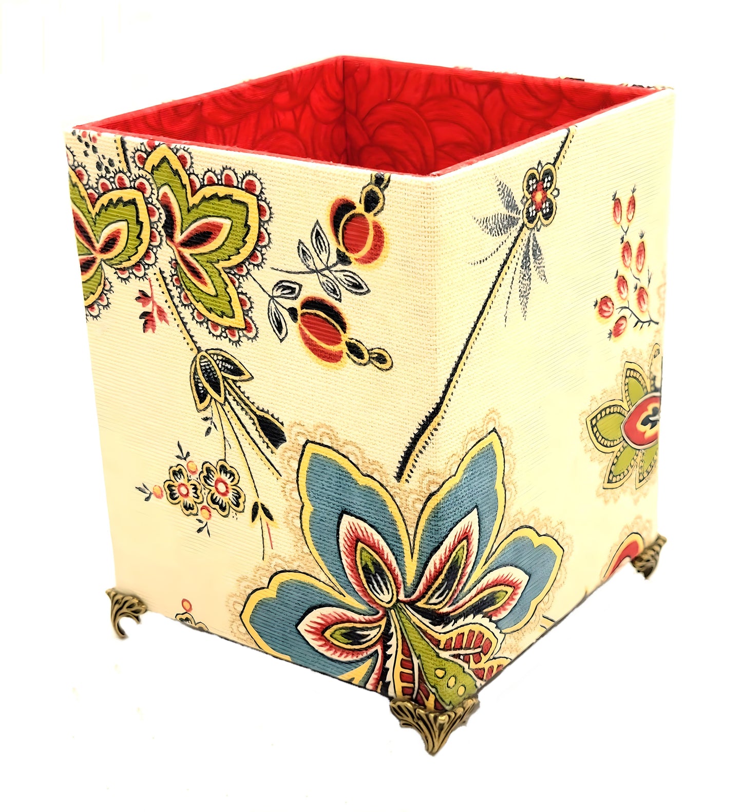 Fabric-Covered Pen Pencil Cosmetics Brushes Holder, Desktop Organizer, Vivid Red and Green Florals on Ivory - Chic Brico