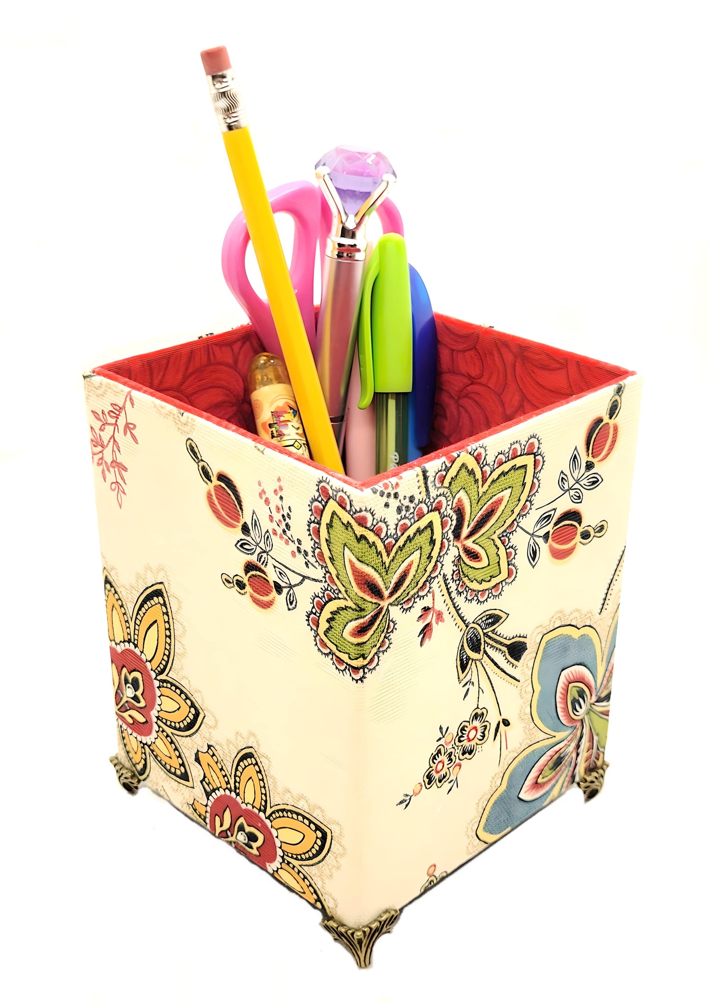 Fabric-Covered Pen Pencil Cosmetics Brushes Holder, Desktop Organizer, Vivid Red and Green Florals on Ivory - Chic Brico