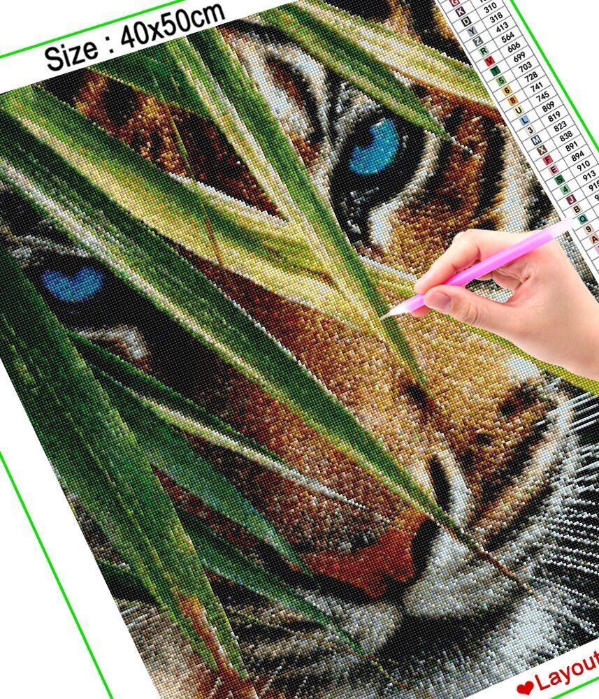 Beautiful Blue-Eyed Tiger & Leaves Diamond Painting Kit for Kids & Adults, 5D Full Drill Round - Chic Brico