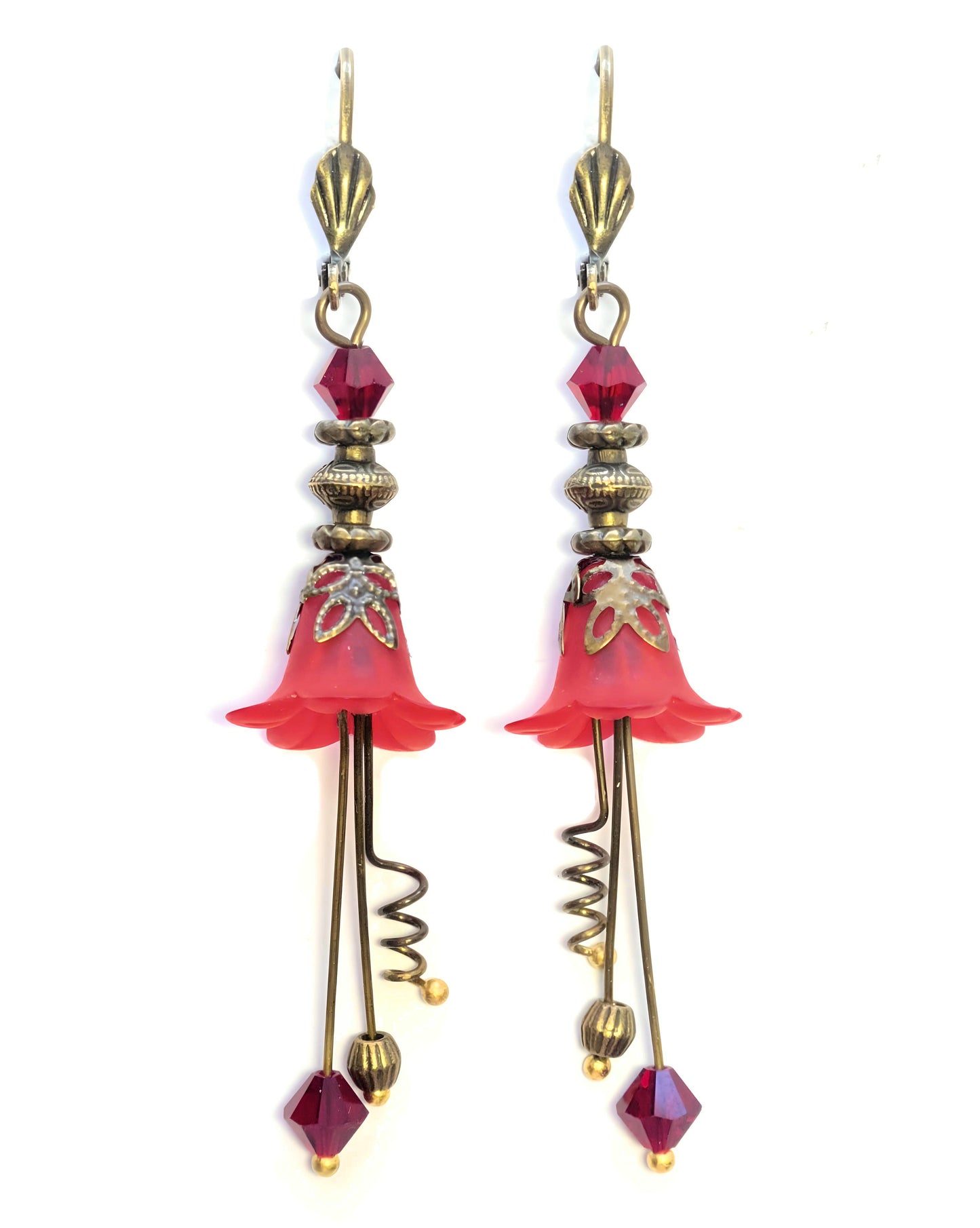 Vintage Victorian Style Siam Red and Antique Bronze Bell Flower Lucite Earrings - Chic Brico